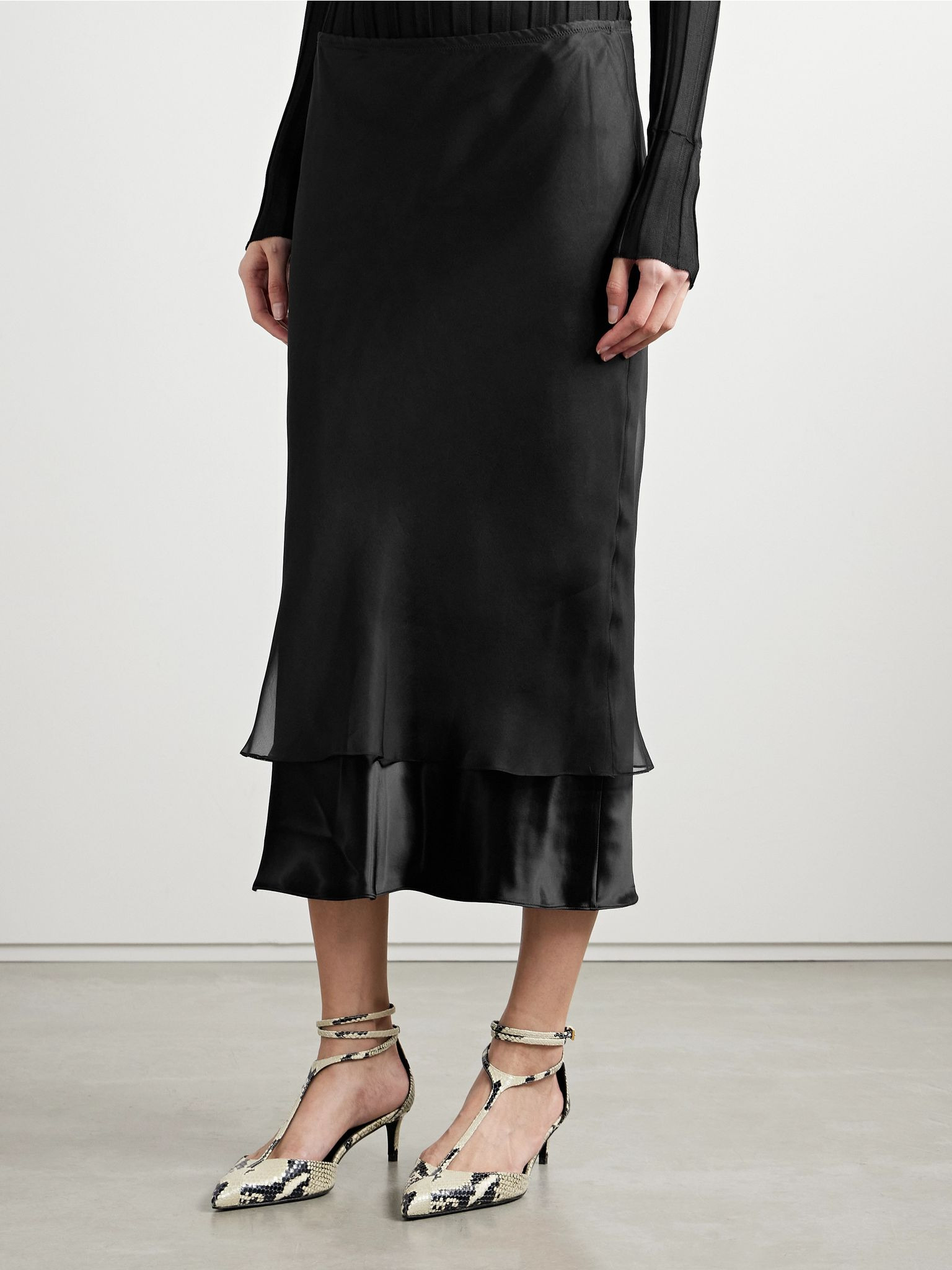 Monina layered satin and organza midi skirt Black - 3