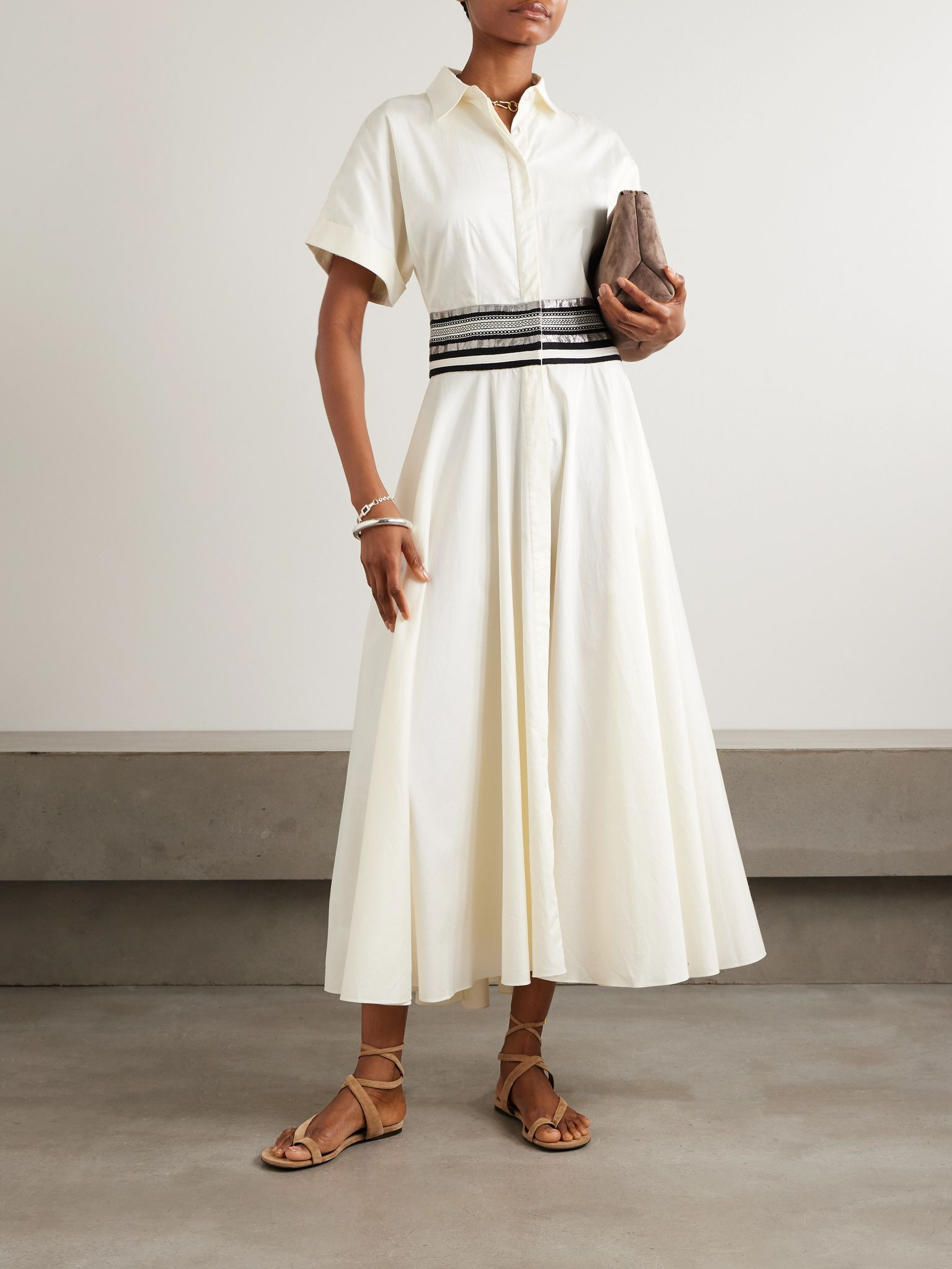Shams grosgrain-trimmed cotton midi shirt dress Cream - 2