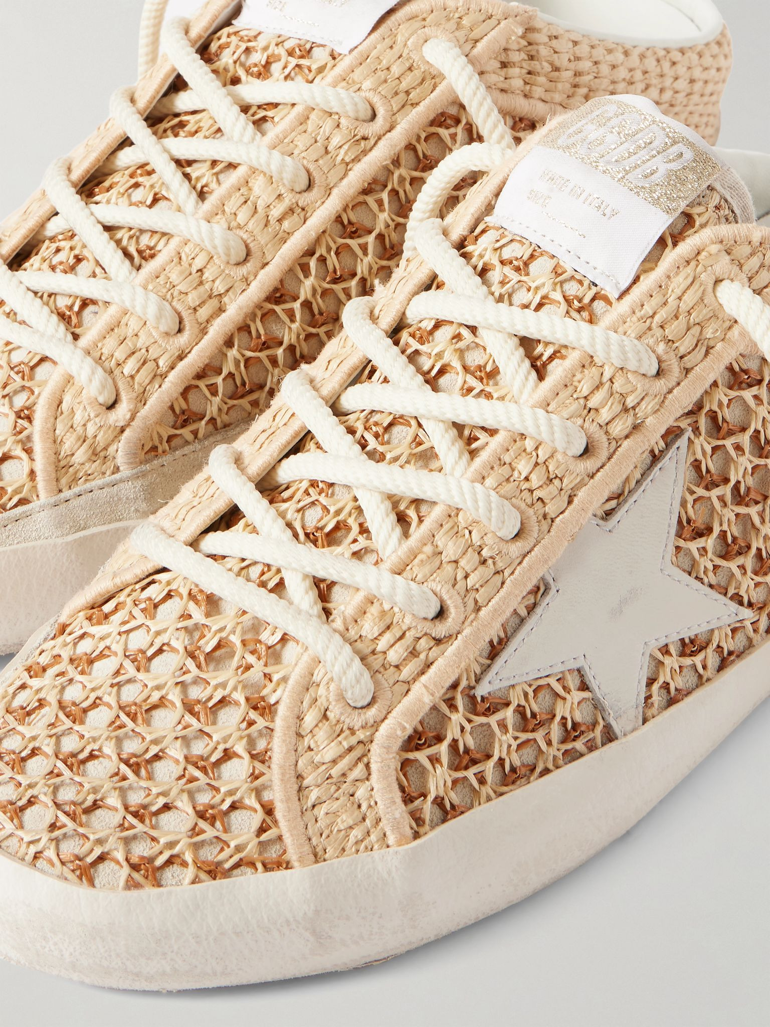 Superstar Sabot distressed leather-trimmed raffia slip-on sneakers Neutral - 4