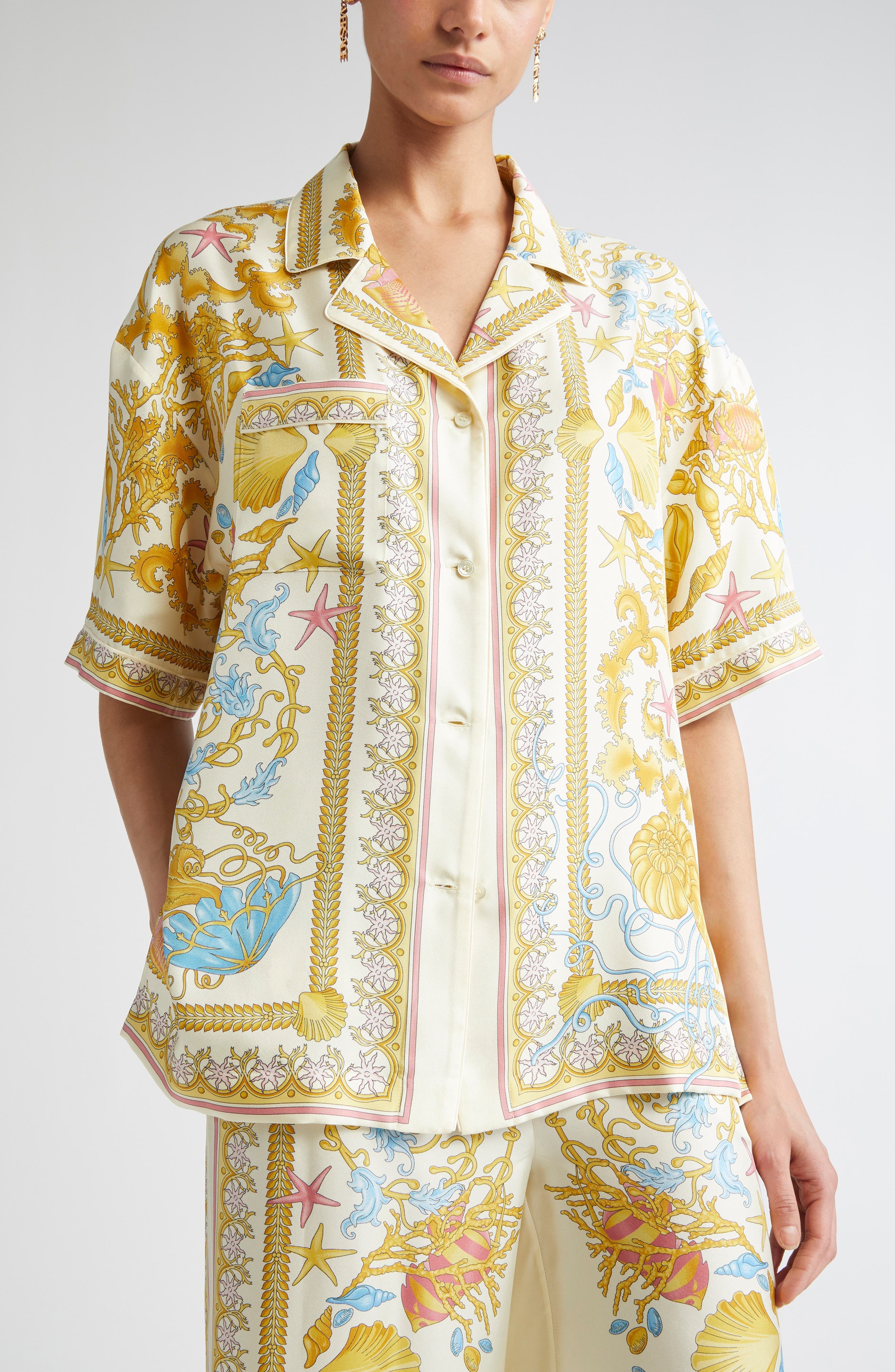 Versace Barocco Underwater Silk Camp Shirt in Eggshell Multicolor at Nordstrom - 5