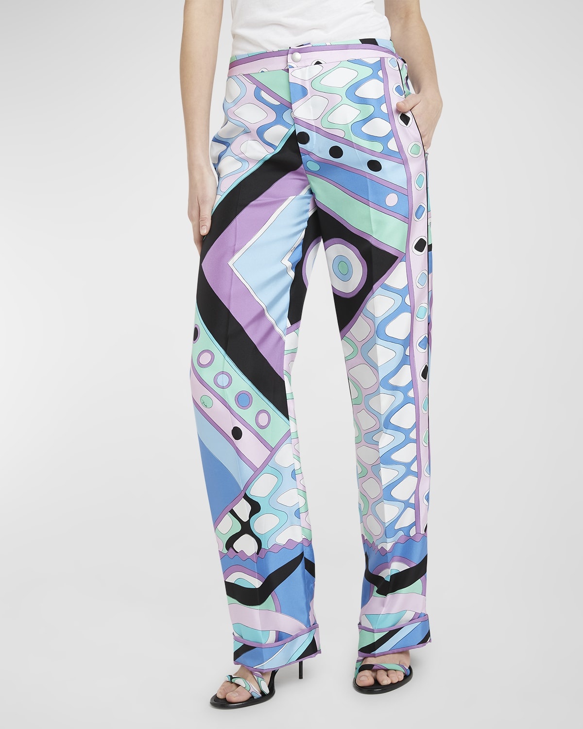 Mid-Rise Abstract-Print Straight-Leg Satin Pajama Trousers - 7