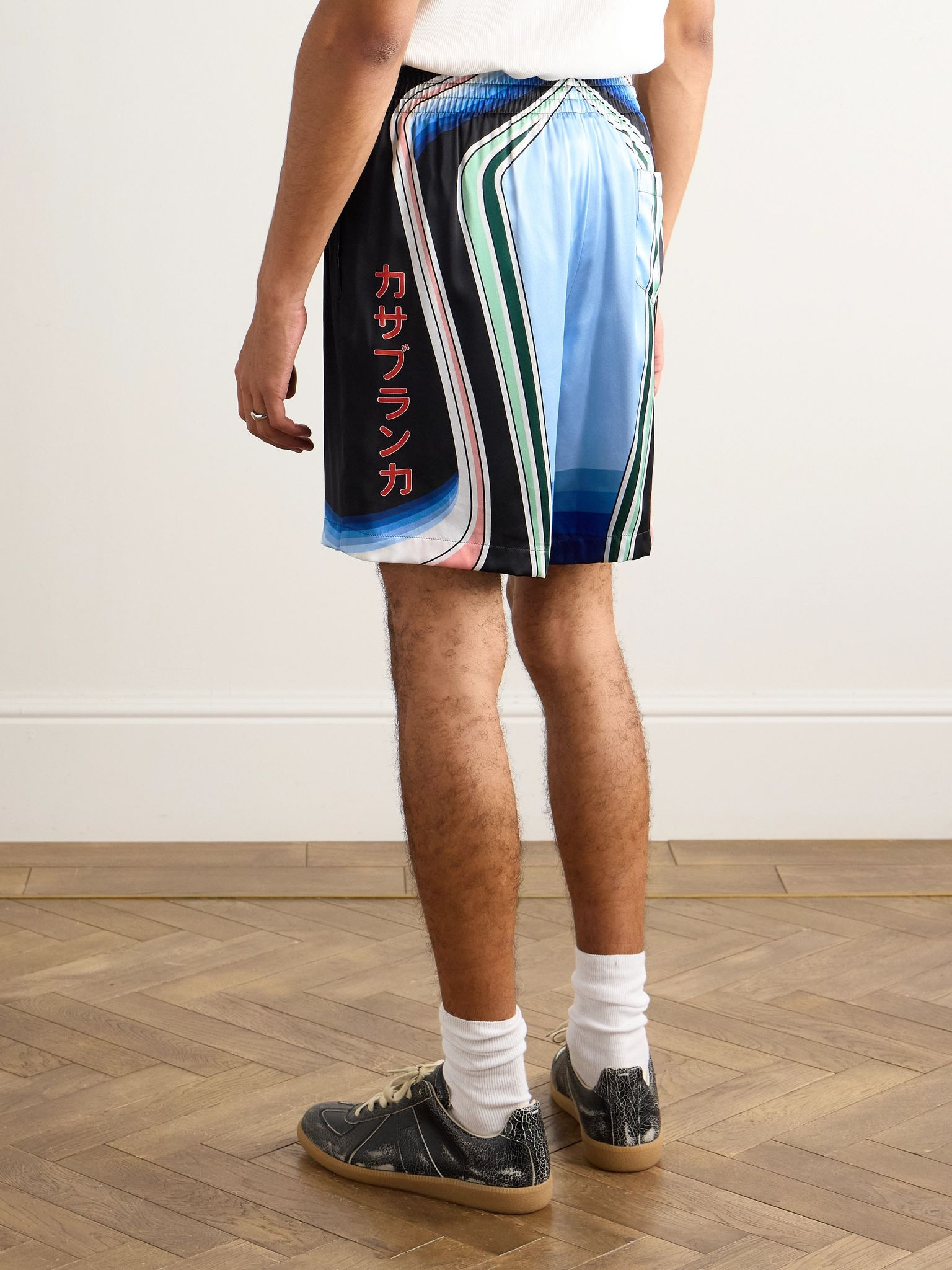 Graphic Mountain Straight-Leg Logo-Print Silk-Twill Drawstring Shorts Blue - 4