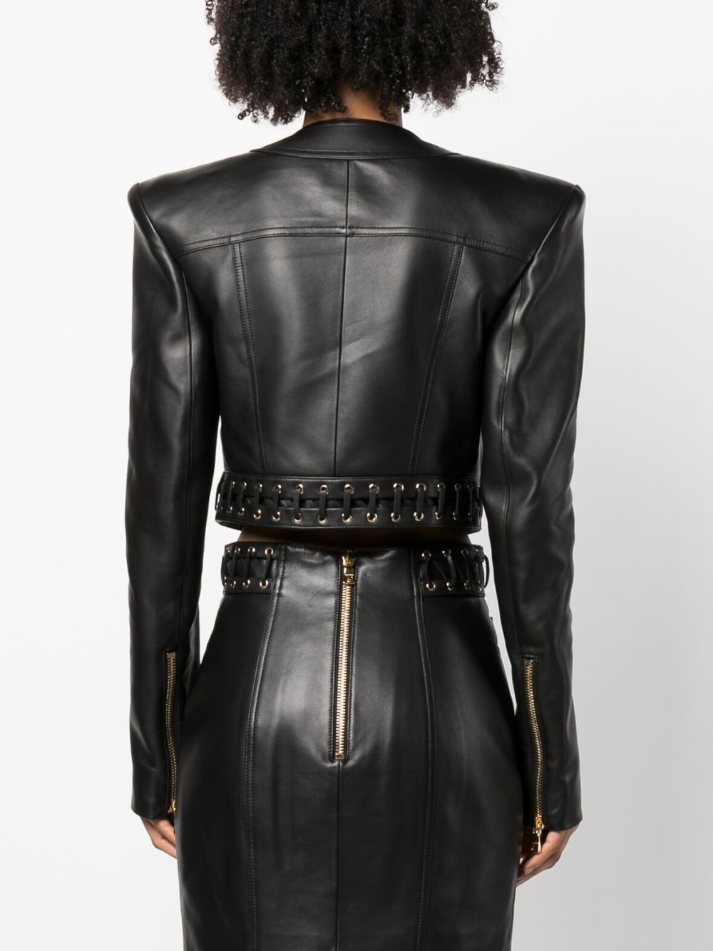 eyelet-embellished cropped leather jacket - 4