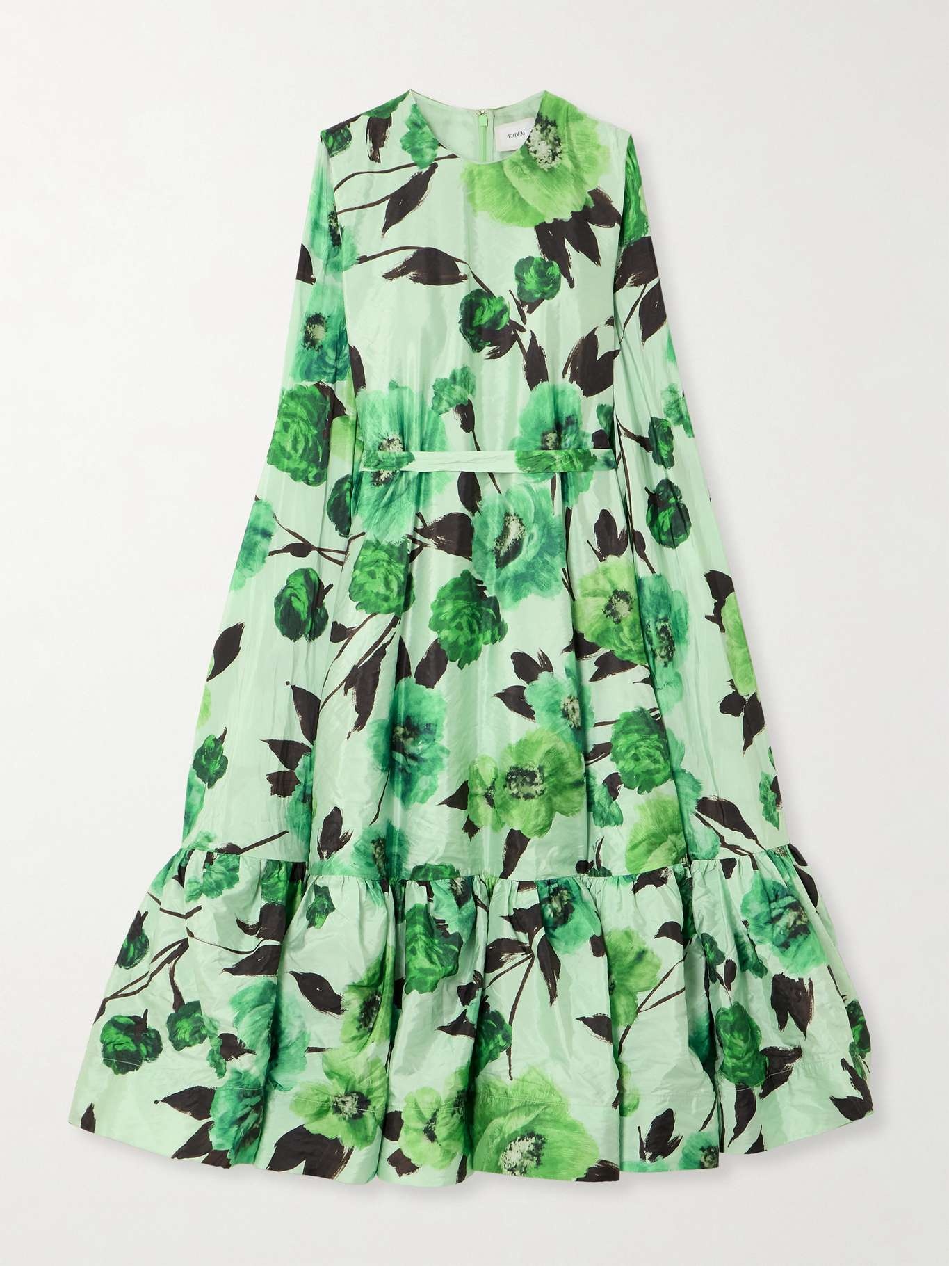 Belted cape-effect tiered floral-print crinkled-taffeta midi dress - 1