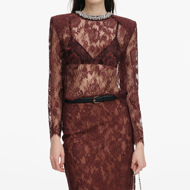 Brown Floral Lace Midi Skirt 4