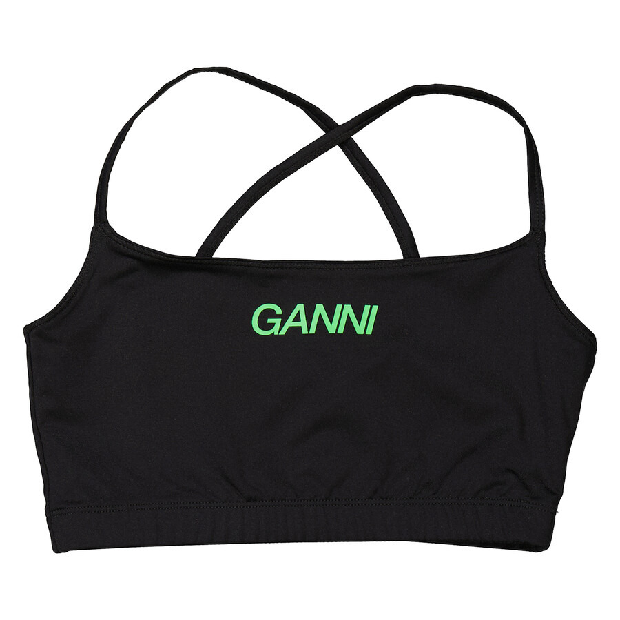 Ganni Ladies Black Logo-Print Cropped Top - 5