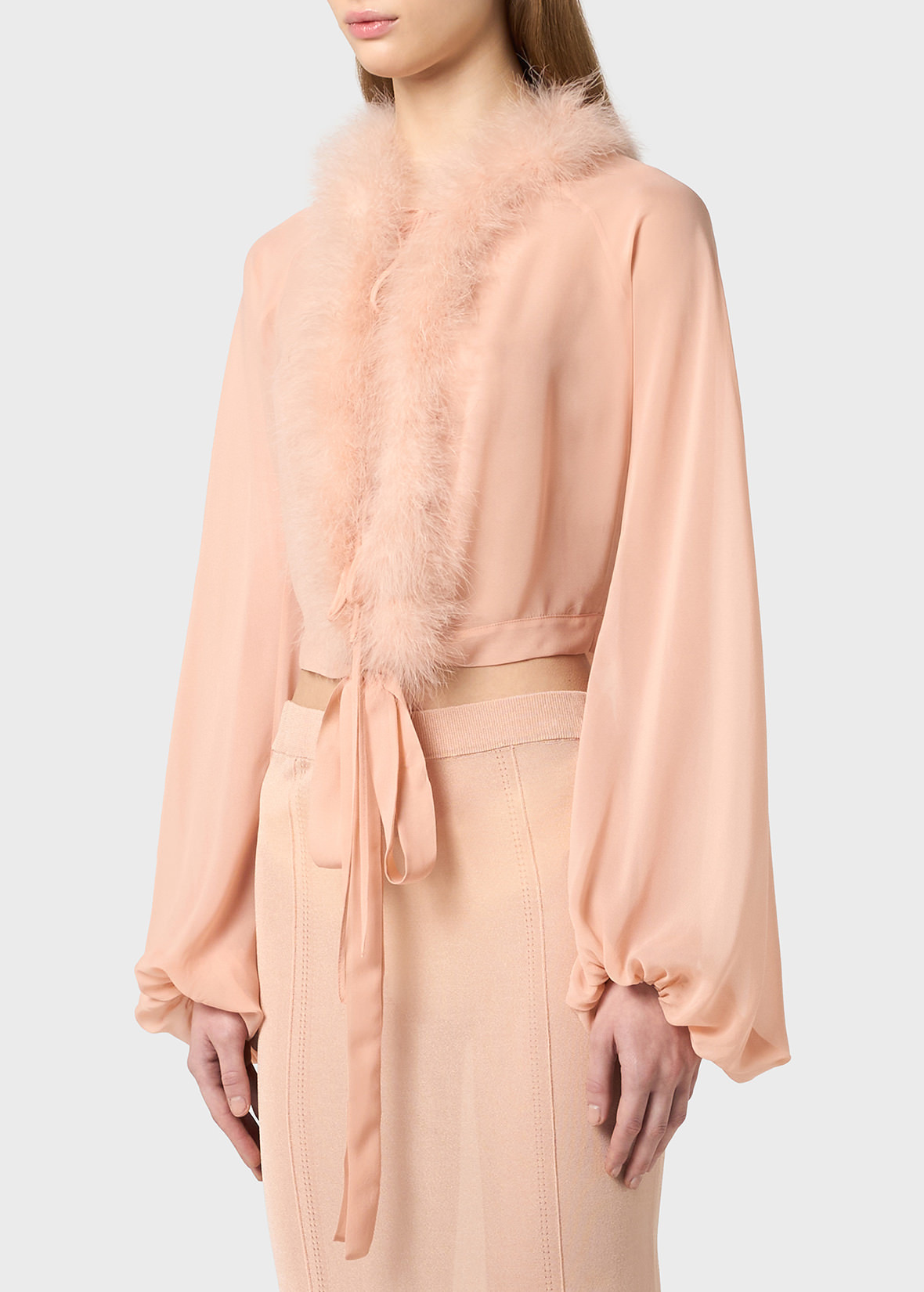 GEORGETTE SHIRT WITH FEATHER-TRIMMED NECKLINE - 5