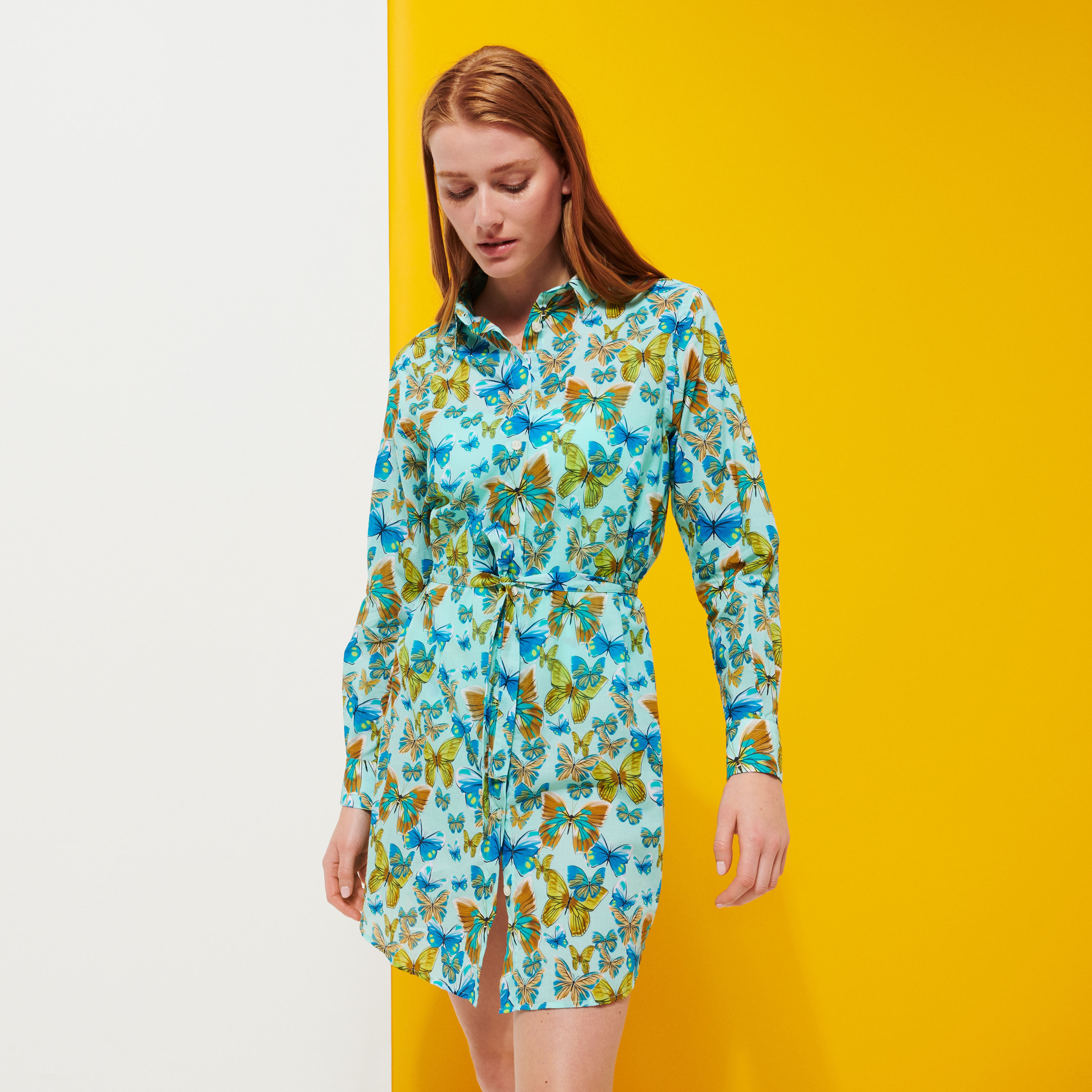 Women Cotton Shirt Dress Butterflies - 3