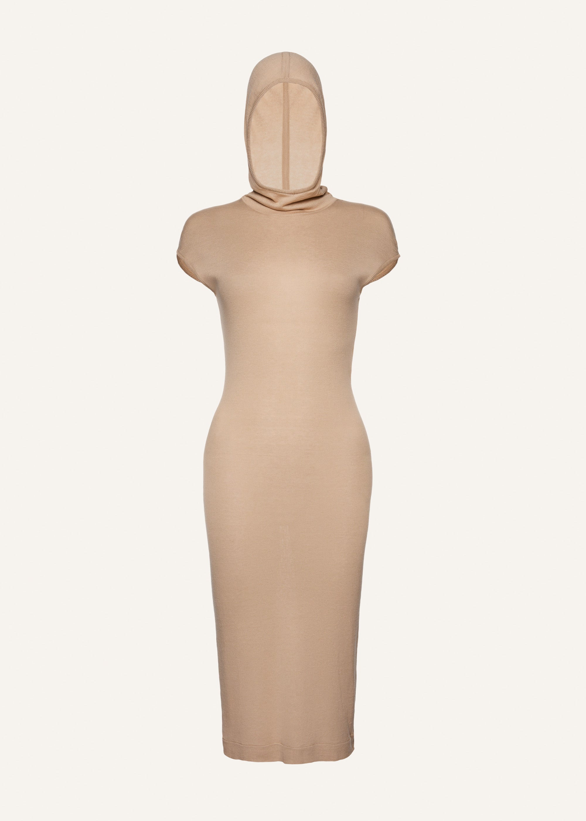 Hooded silk knitwear dress in beige - 1