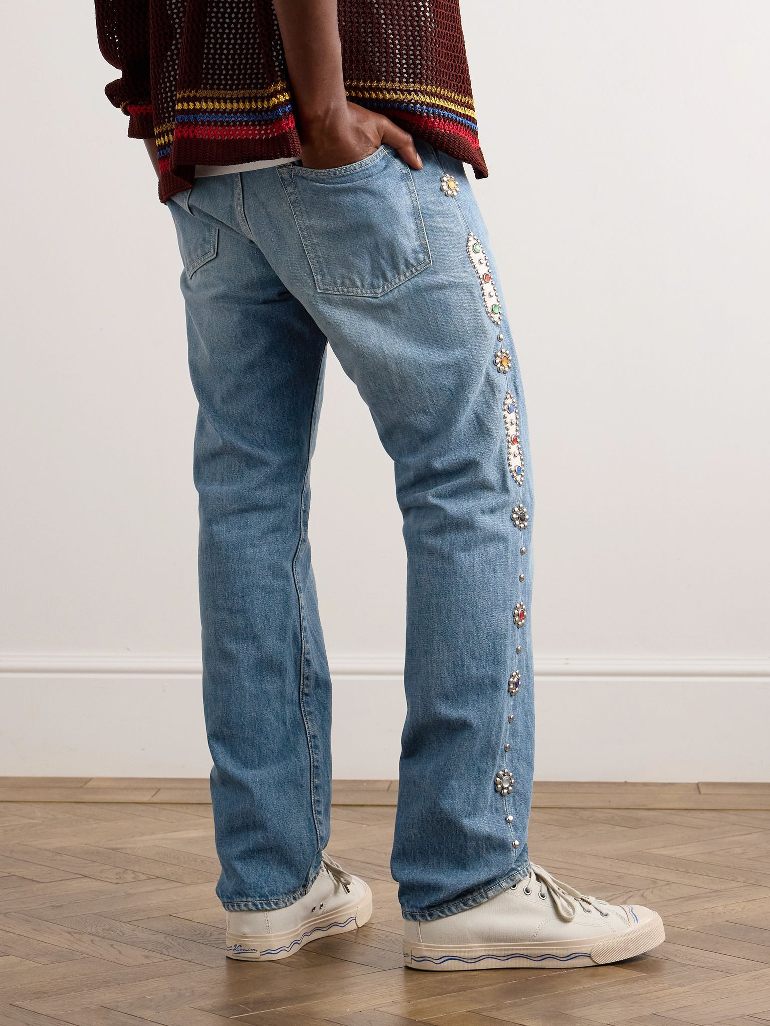 Monkey Cisco Straight-Leg Leather-Trimmed Embellished Jeans Blue - 3