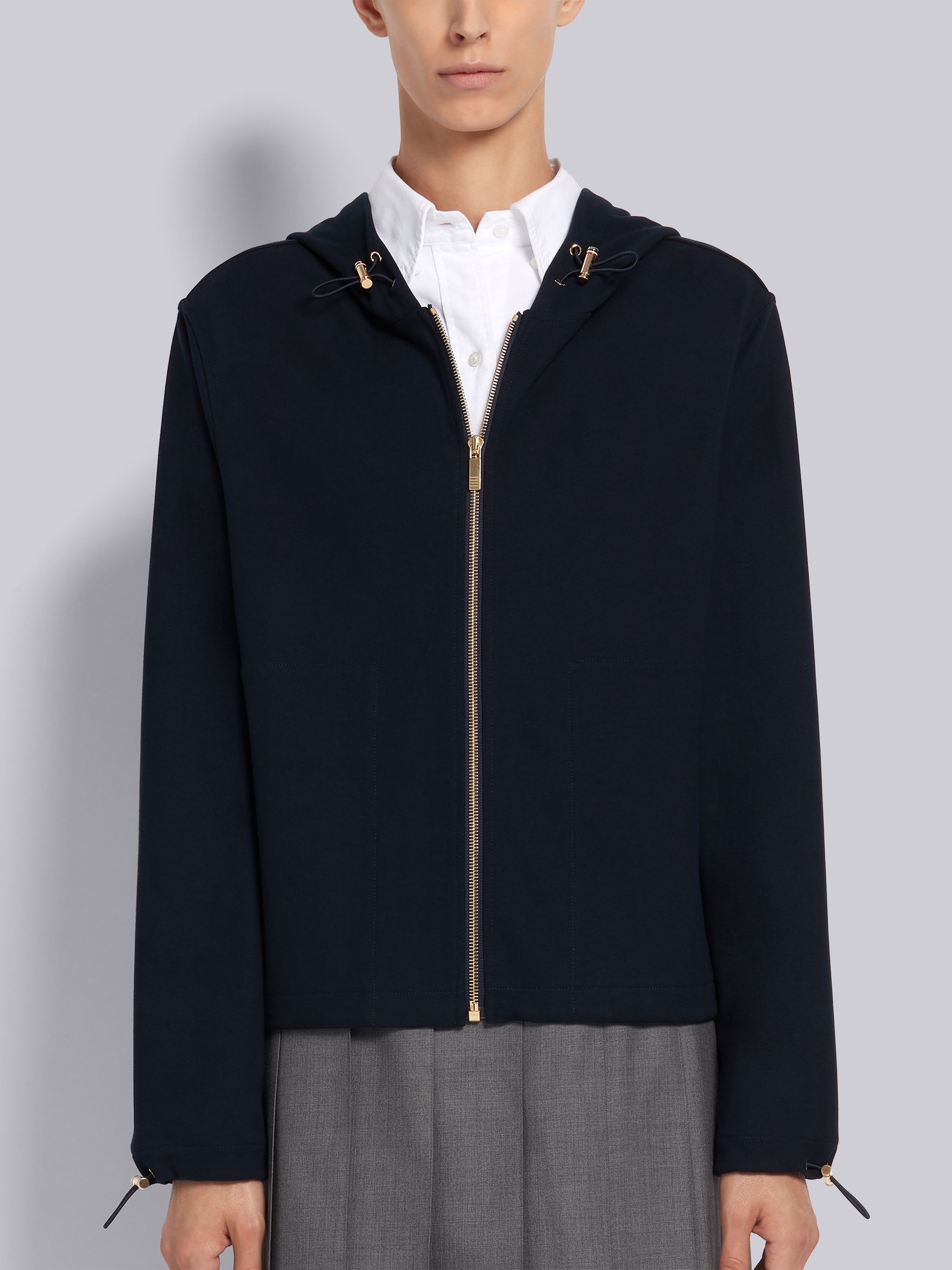 Navy High Twist Cotton Center Back Stripe Boxy Zip-up Parka - 1