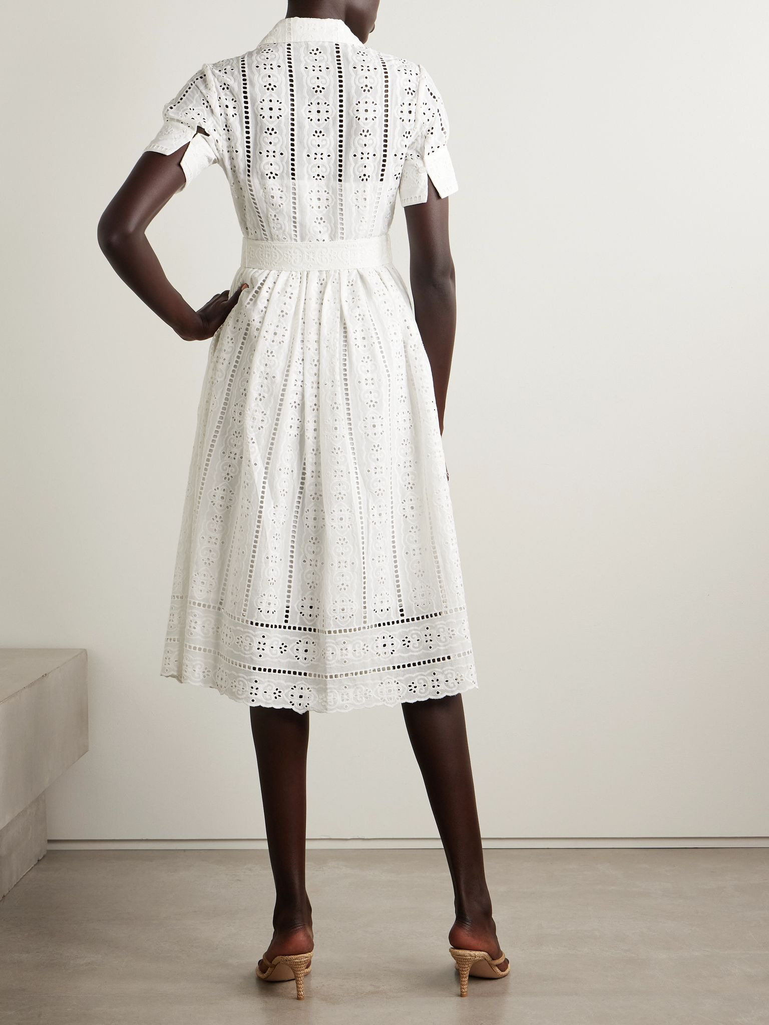 Malena belted broderie anglaise cotton midi dress Ivory - 3
