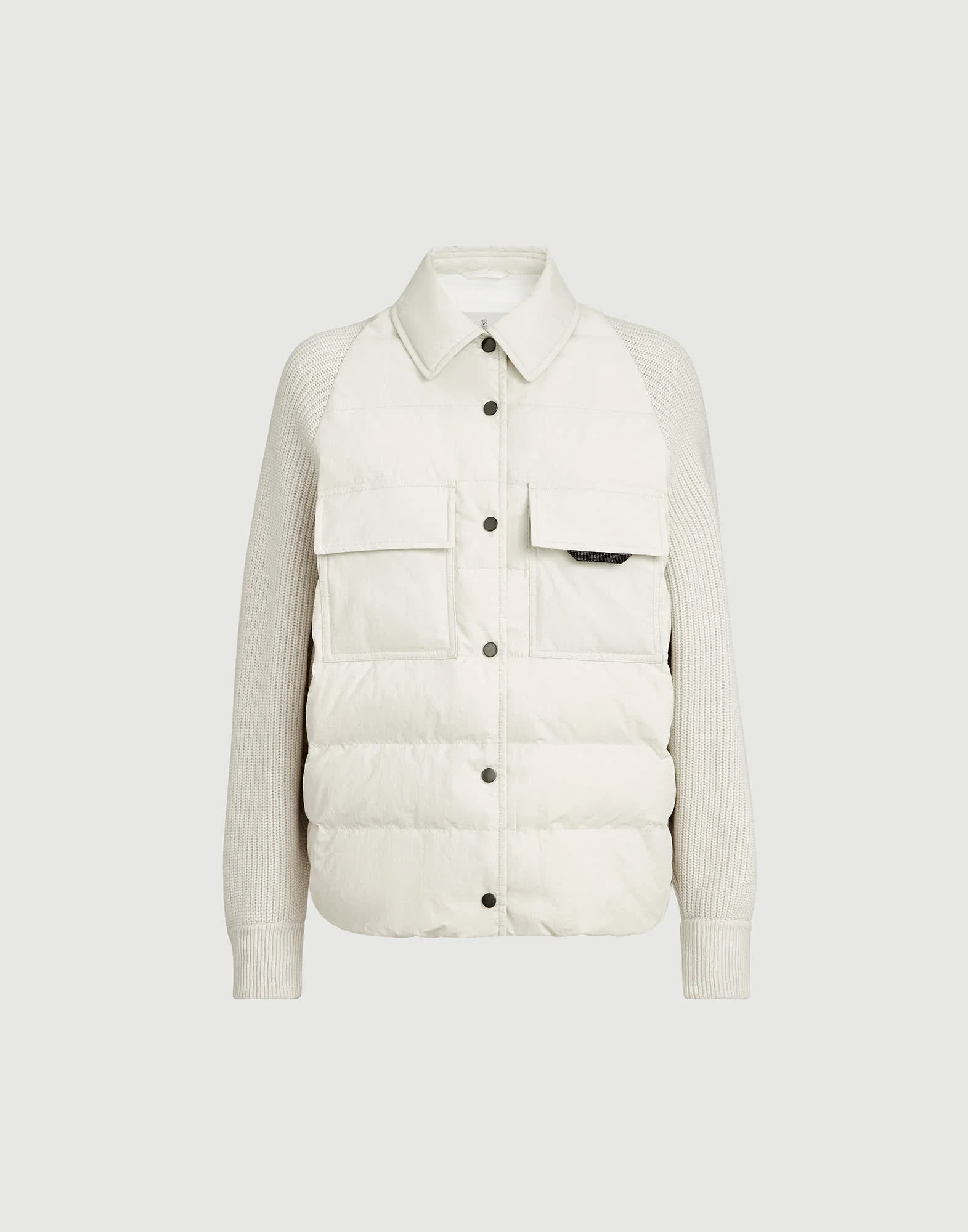 Water-resistant techno cotton and virgin wool, cashmere and silk knit down jacket with shiny flap de - 1