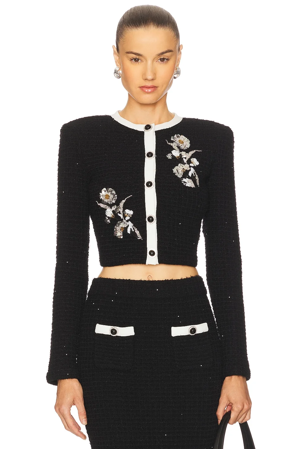 Black Floral Textured Knit Jacket - 1