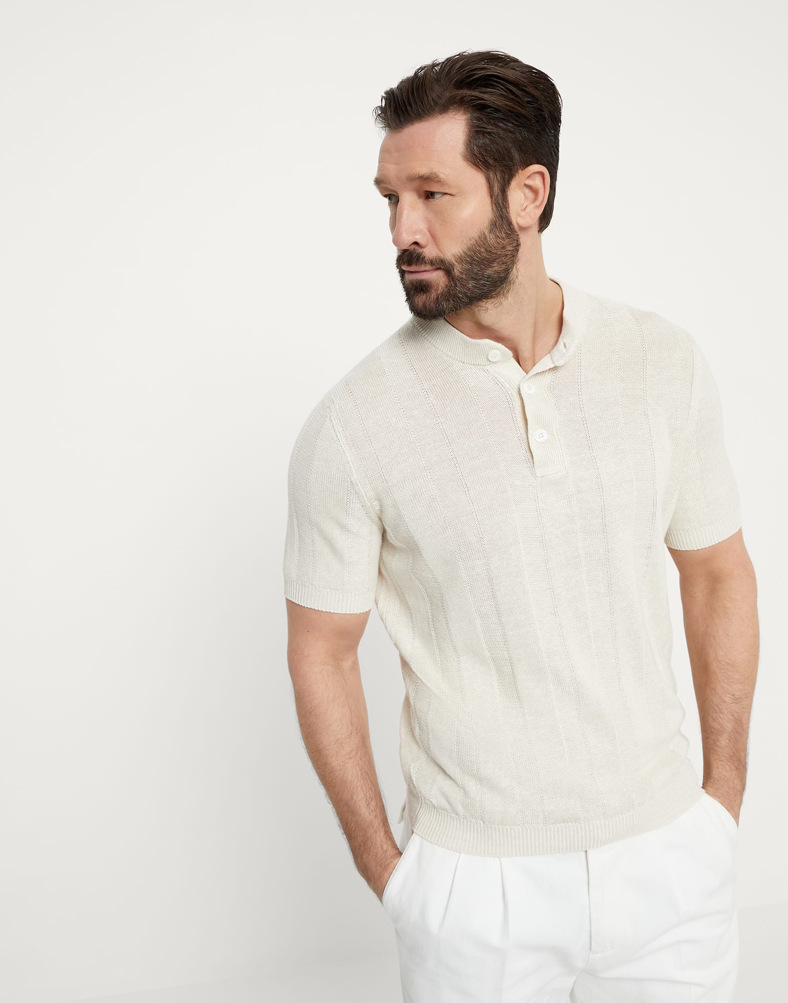 Linen and cotton knit T-shirt with Henley collar - 1