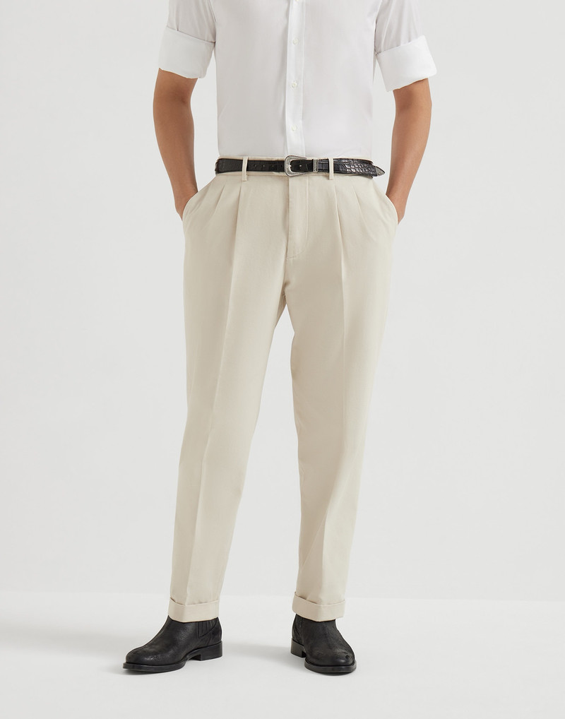 Twisted cotton gabardine leisure fit trousers with double pleats 1