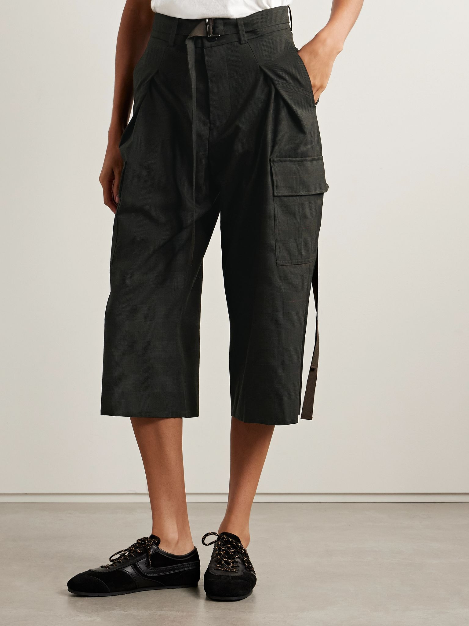 Cropped belted pleated Prince of Wales checked wool tapered pants Dark green - 3