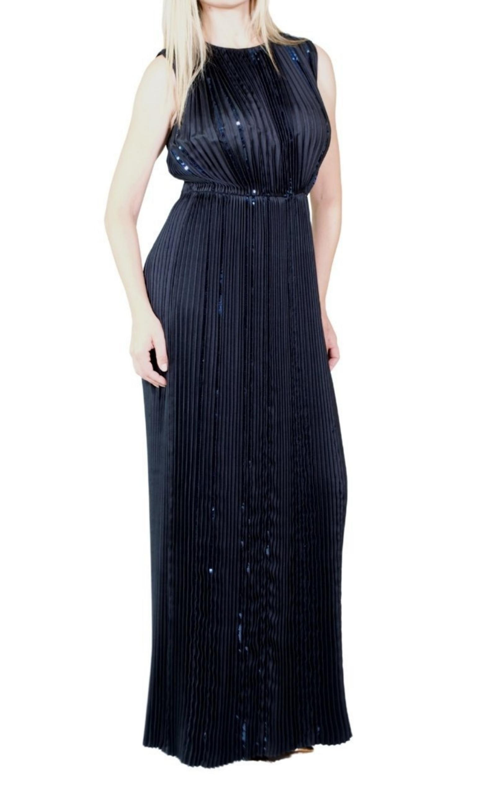 Black Pleated Sequin Embellished Maxi Silk Gown - 2