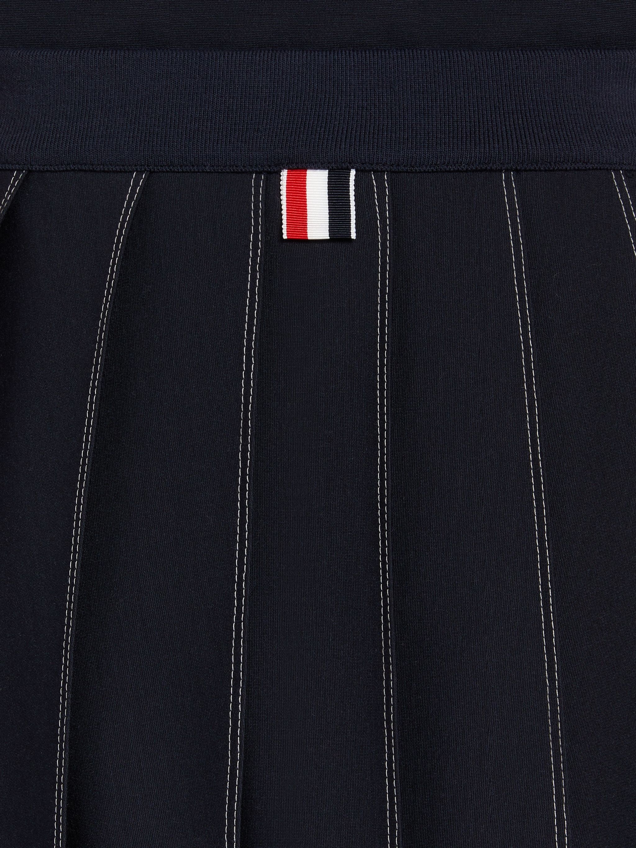 Navy Wool Tech Milano Contrast Stitch Pleated Below the Knee Skirt - 6