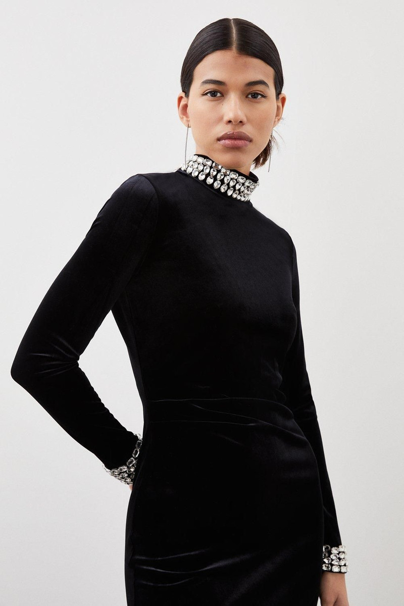 Stretch Velvet Crystal Embellished Long Sleeve Maxi Dress 5