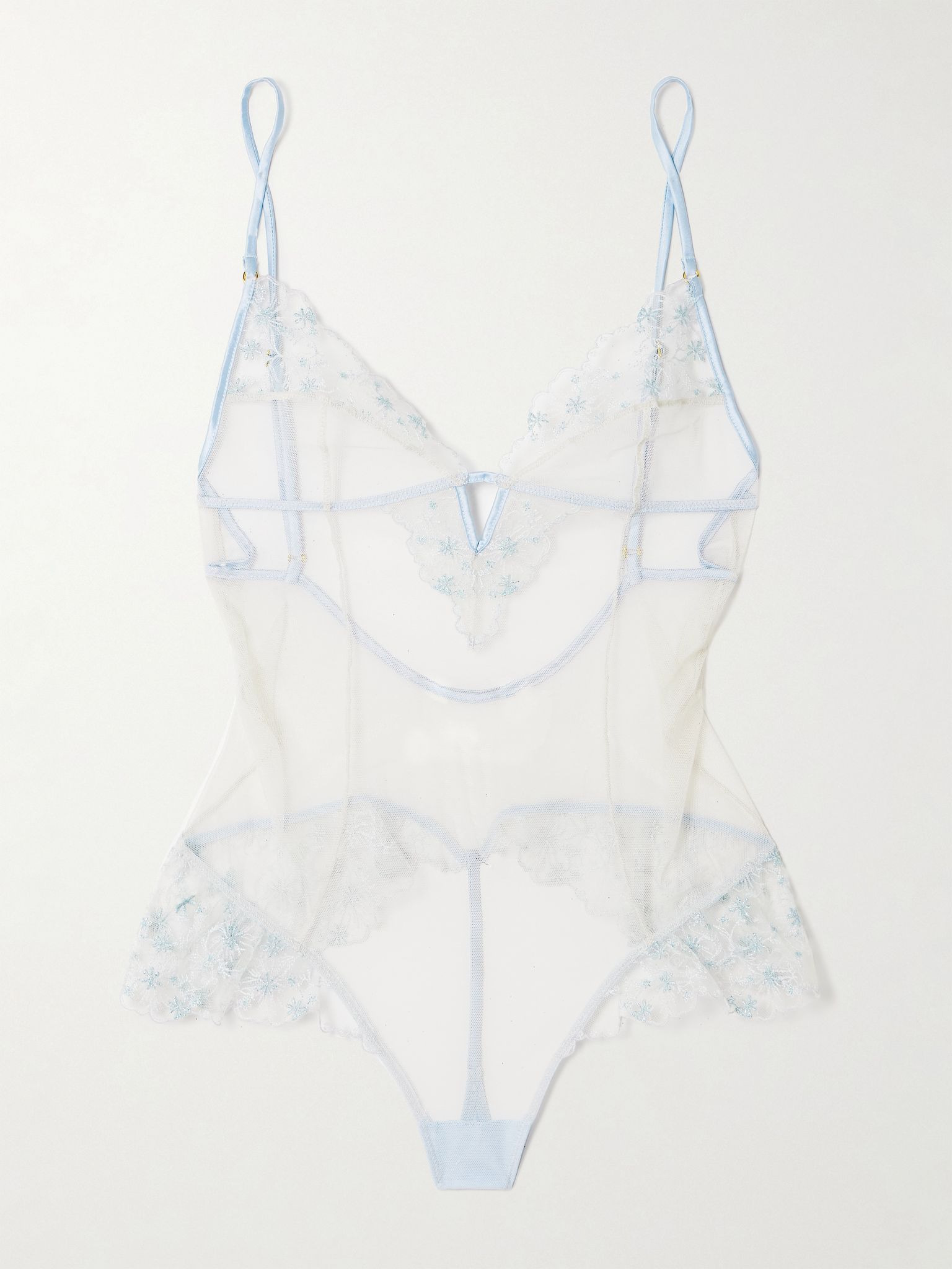 Mathilde silk-blend satin-trimmed embroidered tulle thong bodysuit Ivory - 1