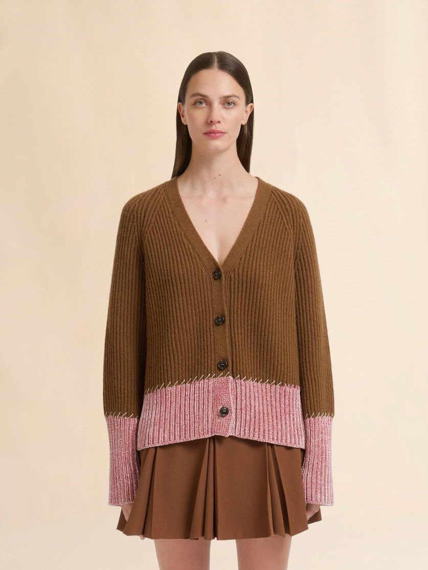 BROWN WOOL COLOR-BLOCK CARDIGAN - 2