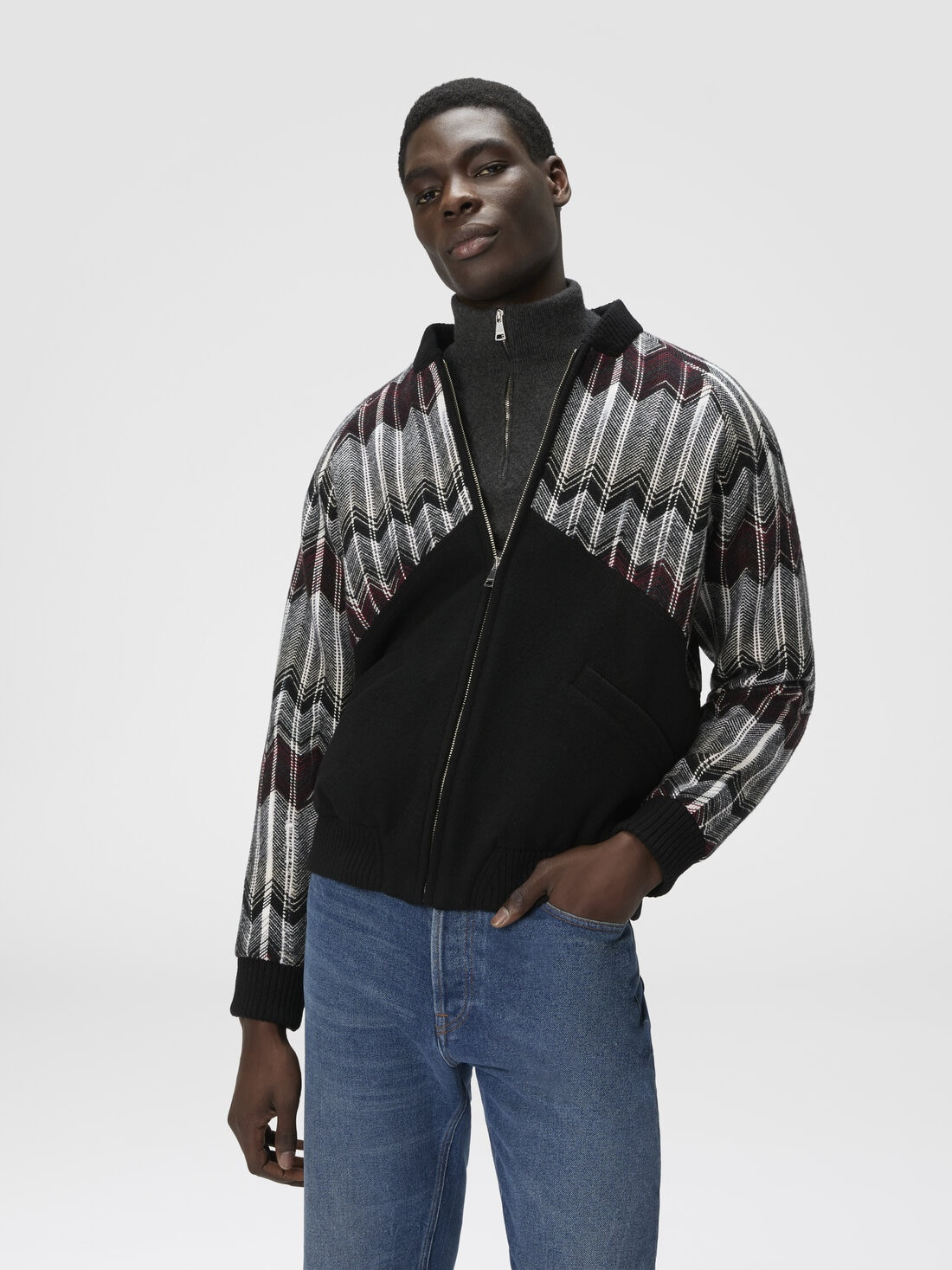 Bomber with Zigzag Insert in Wool Blend - 4