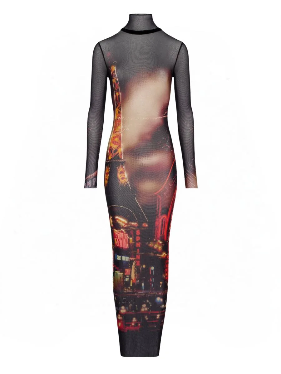 Jean Paul Gaultier Turtleneck Mesh Long Dress Printed "Pigalle" Clothing - 1