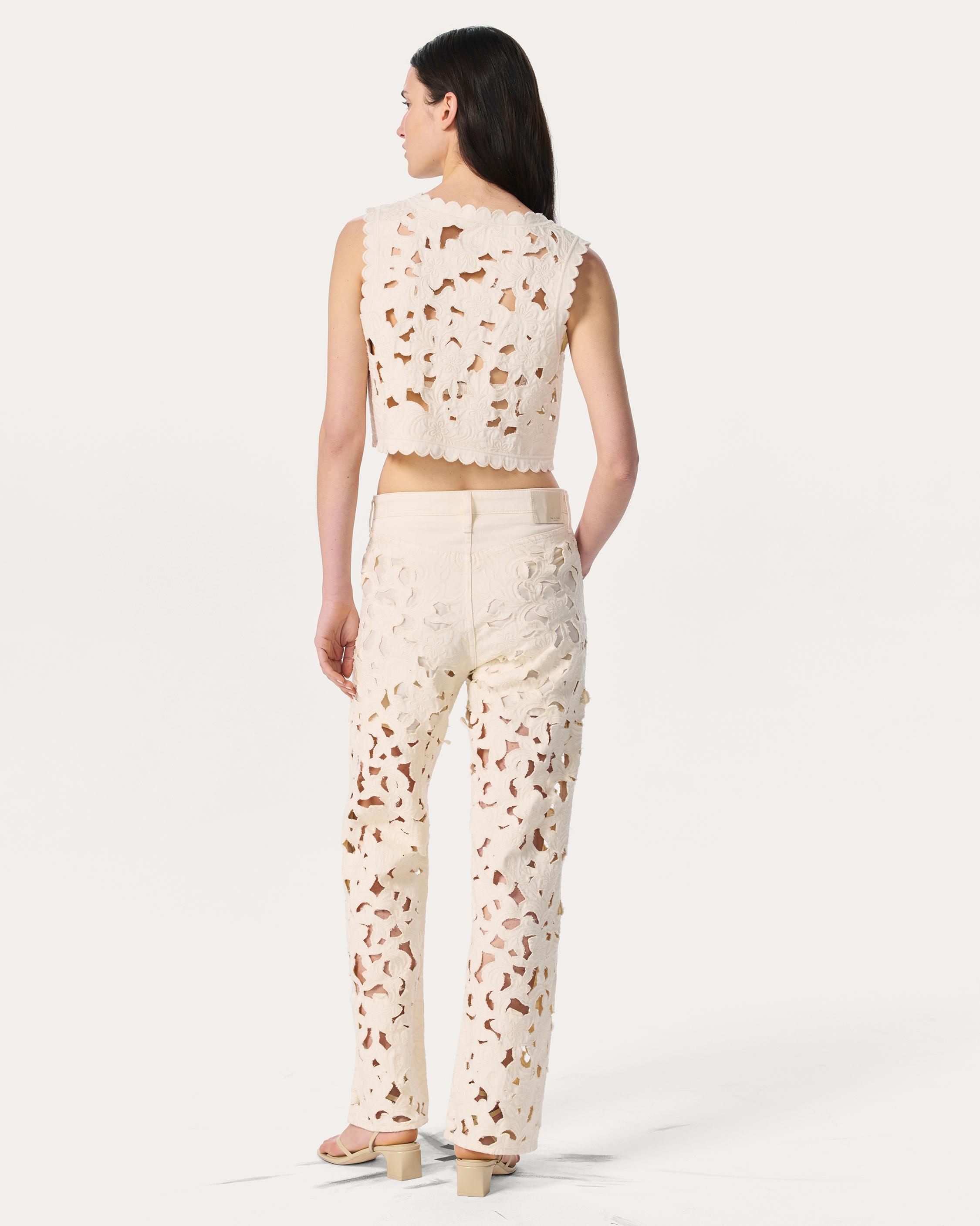 Coralie Cutout Denim Vest
Lightweight Rigid in Ecru Floral Cutout - 6