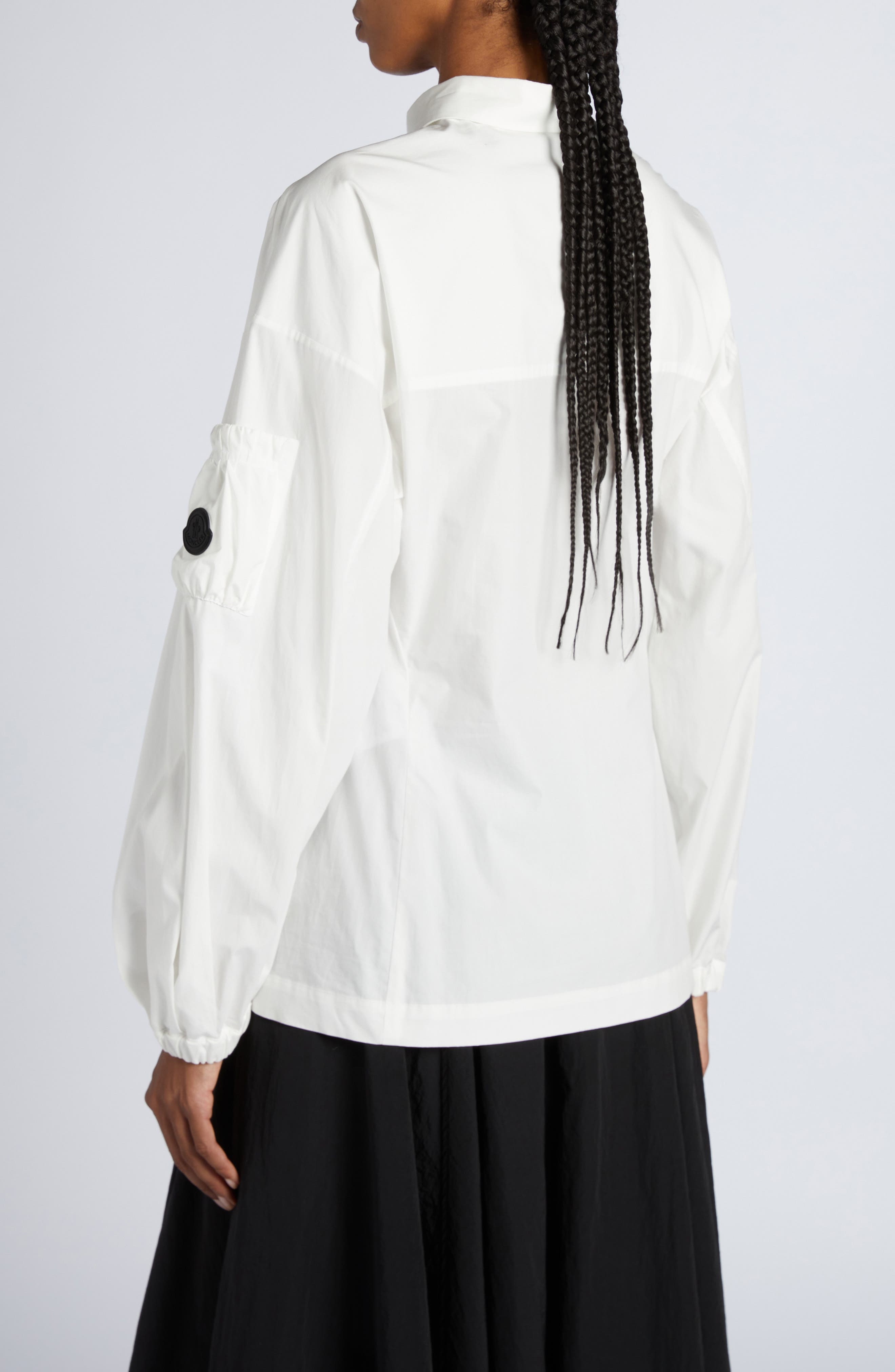 Moncler Logo Balloon Sleeve Cotton Button-Up Shirt in Bright White at Nordstrom - 3