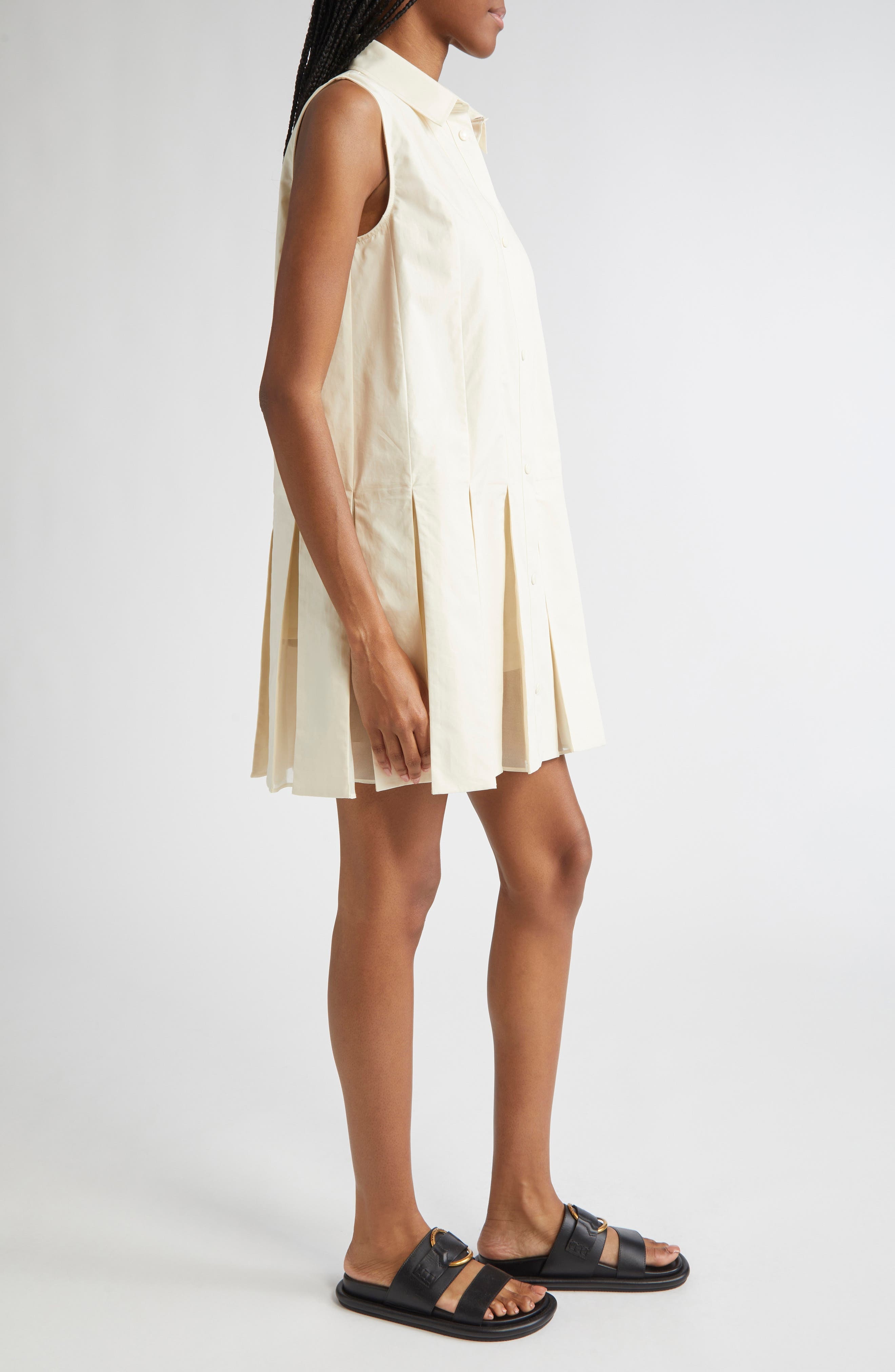 Moncler Pleated Organic Cotton Poplin & Silk Organza Mini Shirtdress in White at Nordstrom - 3