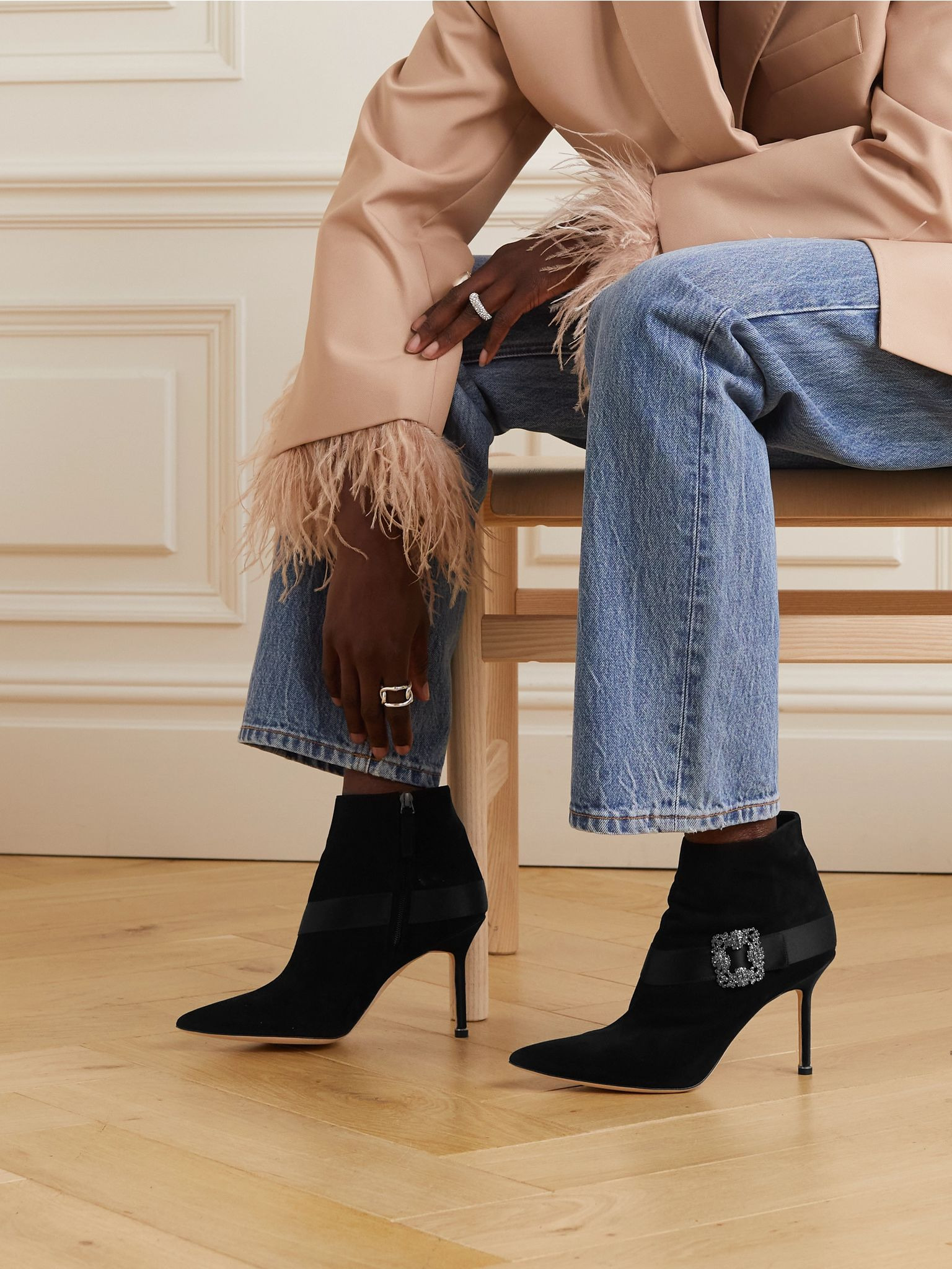 Plinianu 90 crystal-embellished satin-trimmed suede ankle boots Black - 2