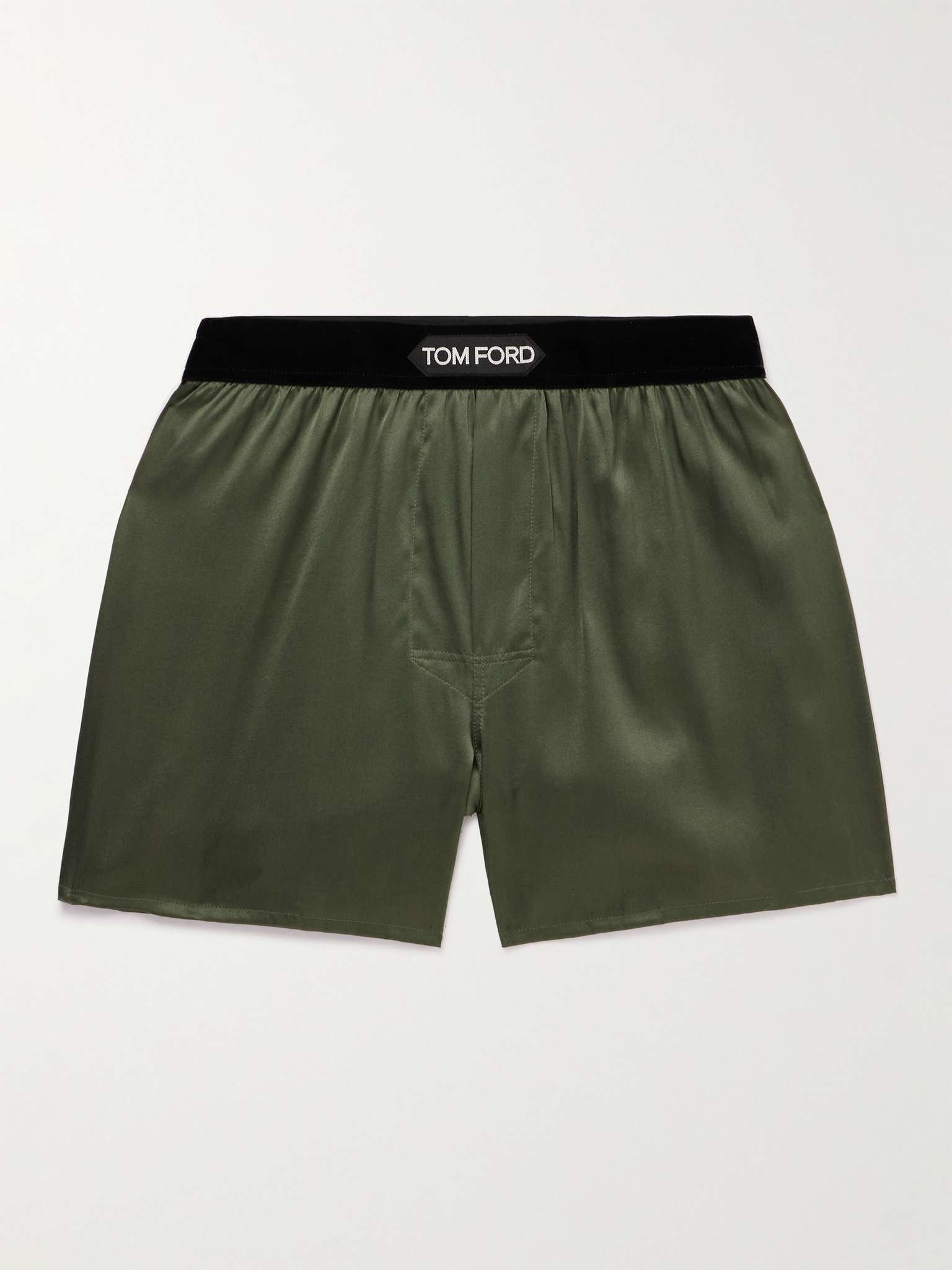 Velvet-Trimmed Stretch-Silk Satin Boxer Shorts - 1