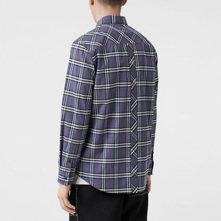 Men's Burberry Cotton Plaid Shirt Navy Blue 80175621 - 5