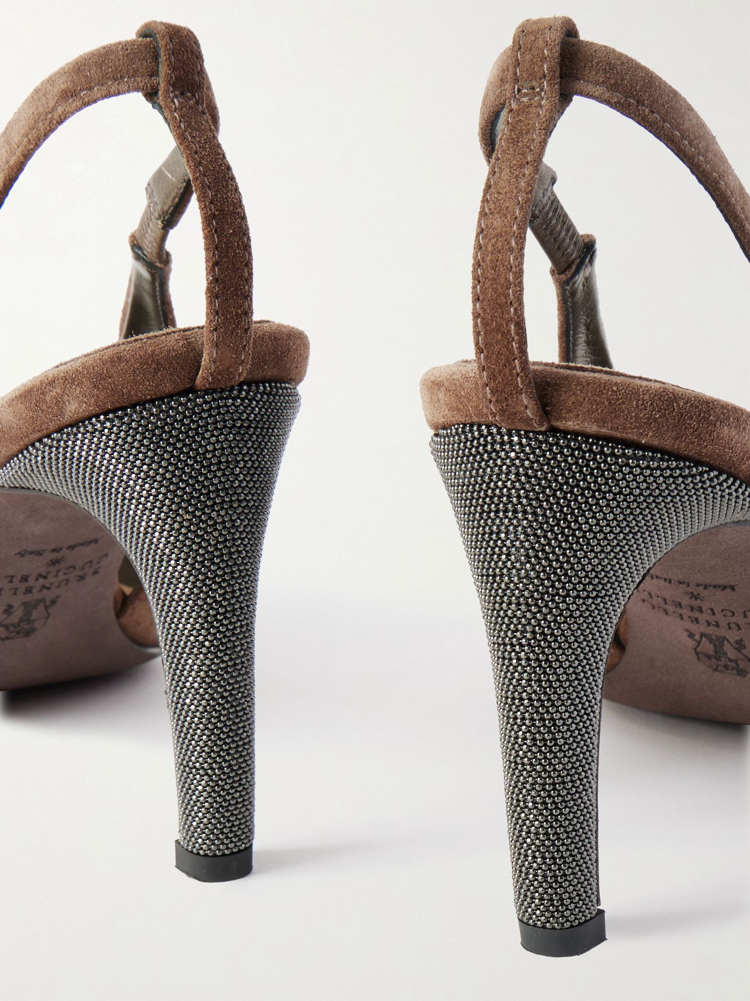 Bead-embellished suede slingback pumps Brown - 4