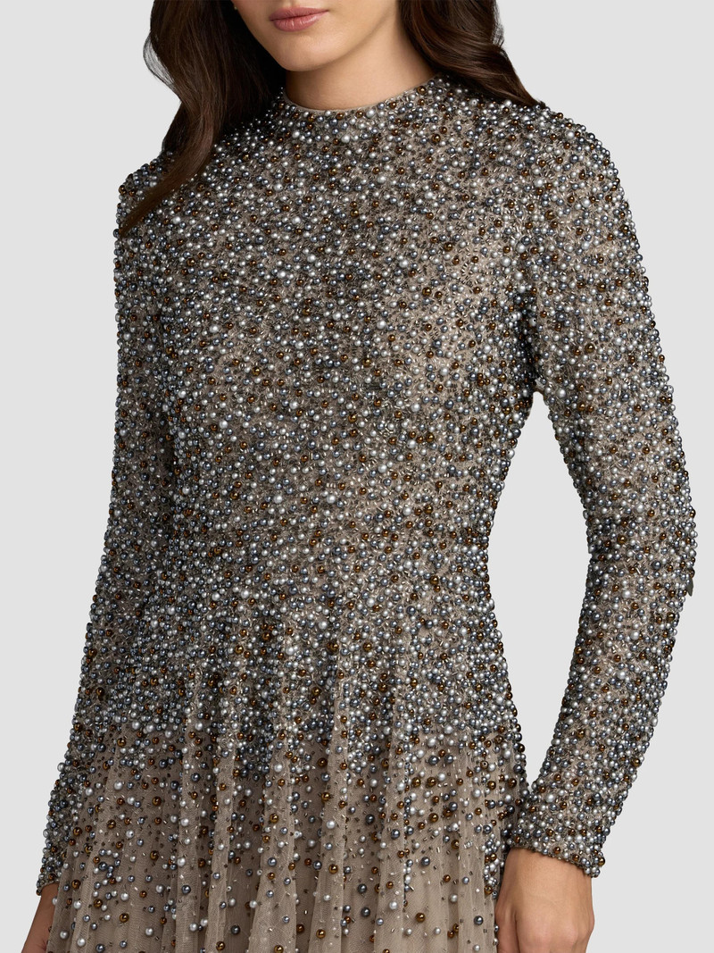 Women's Beaded Mesh Mock Turtleneck Gown - Taupe 4
