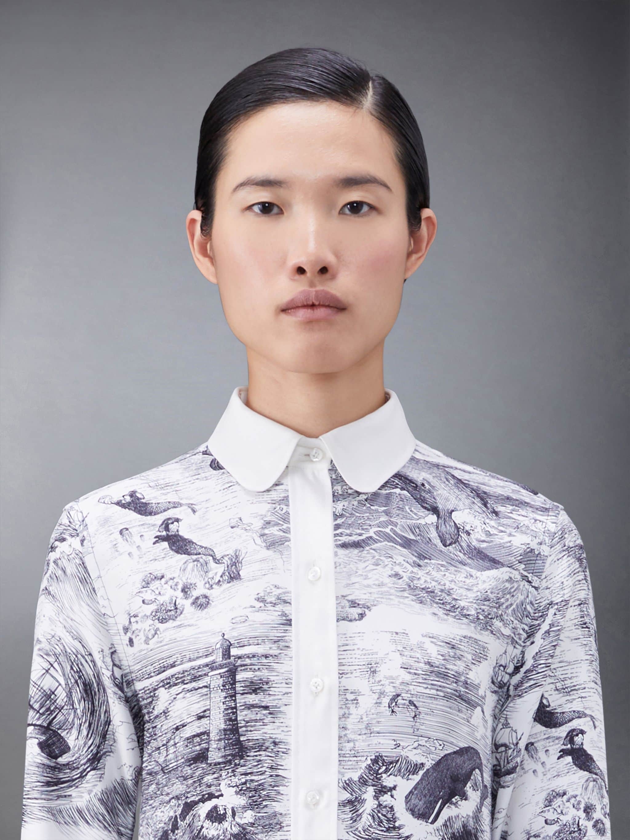 Nautical Silk Twill Toile Pleated Bottom Round Collar Shirtdress - 7