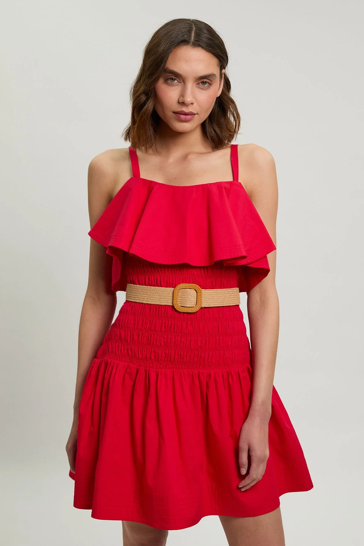 Cotton Poplin Contrast Stitch Belted Mini Dress - 1
