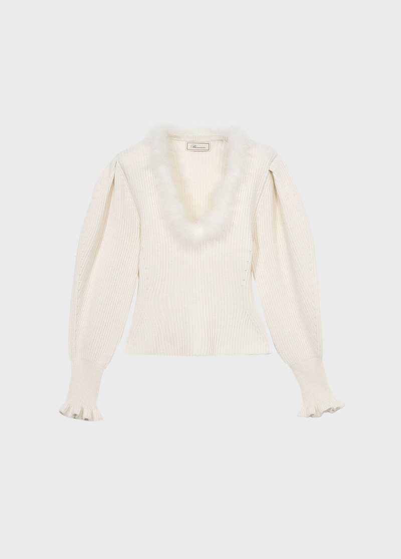 WOOL JUMPER WITH FUR-TRIMMED NECKLINE - 1