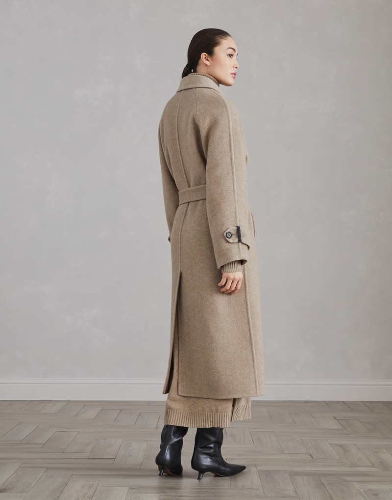 Brunello Cucinelli Hand-crafted virgin wool and cashmere double chevron cloth trench coat with shiny details outlook