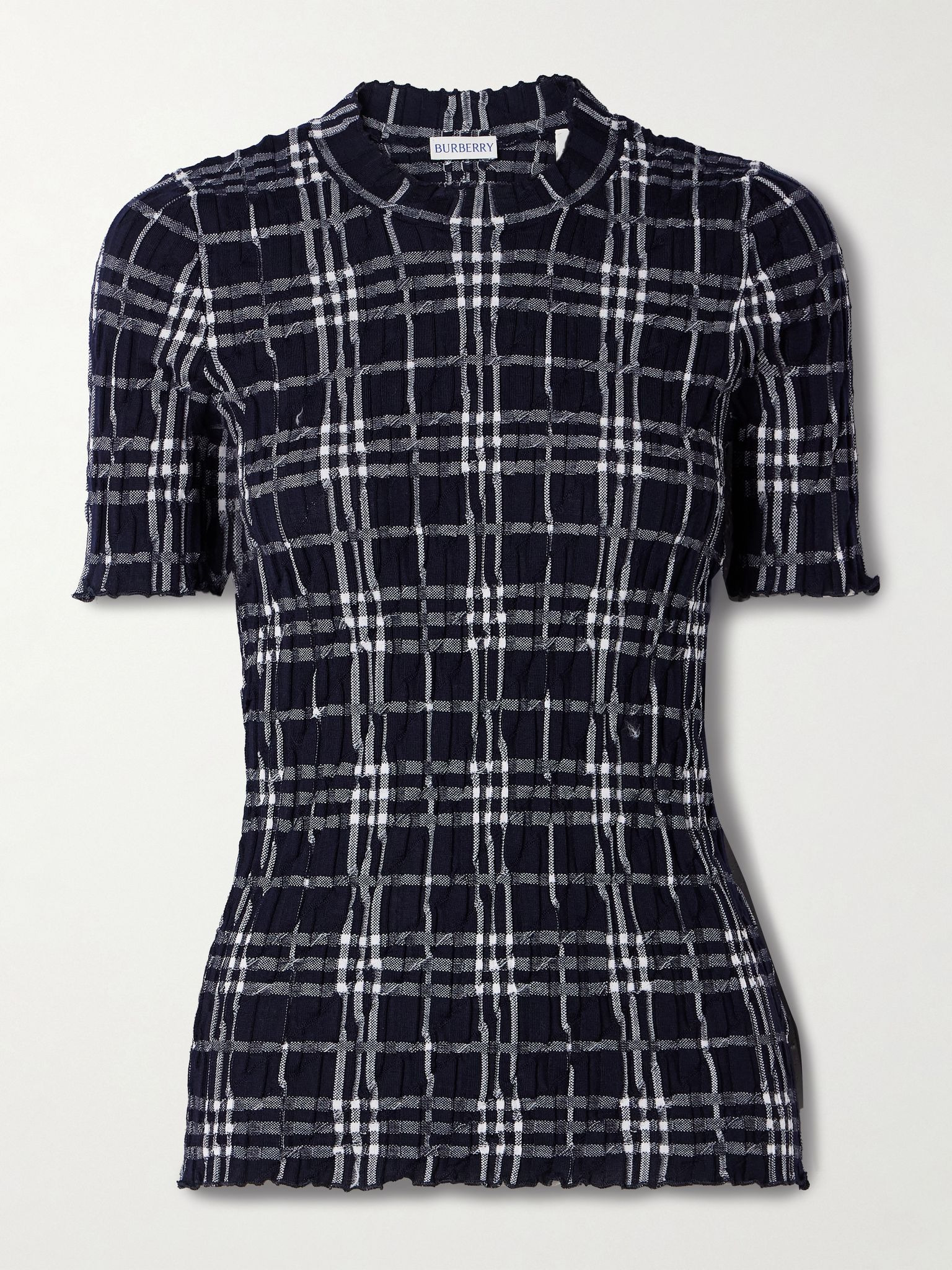 Ribbed checked wool-blend T-shirt Navy - 1