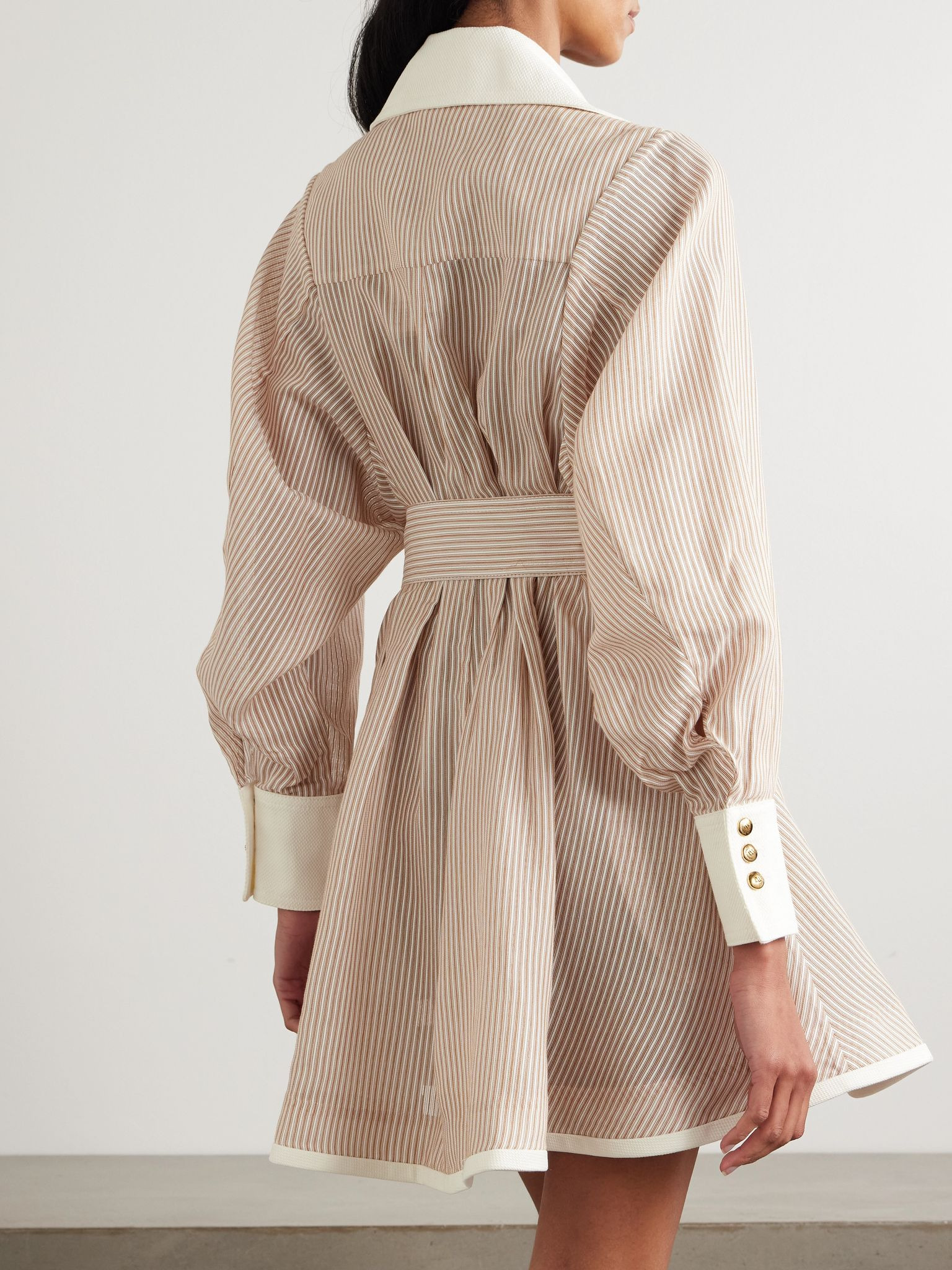 Belted striped cotton and silk-blend mini dress Ivory - 3