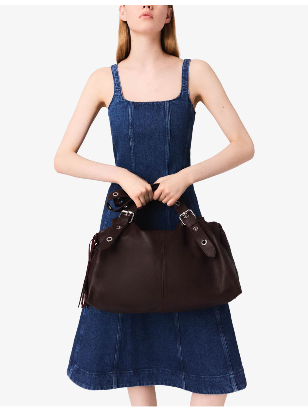 Round-Neck Flared-Skirt Sleeveless Stretch-Denim Midi Dress - 3