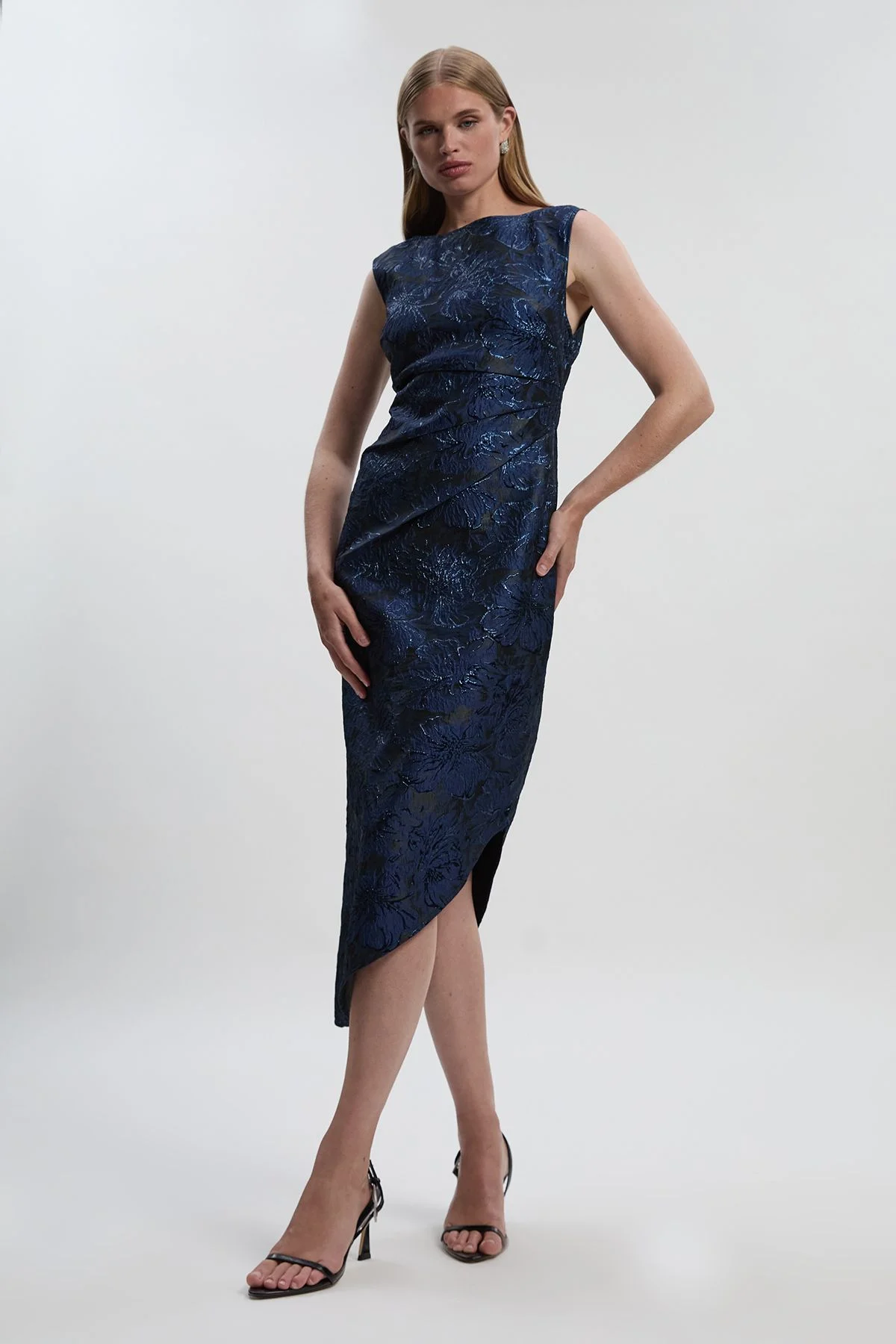 Floral Textured Jacquard Asymmetric Pencil Dress - 1