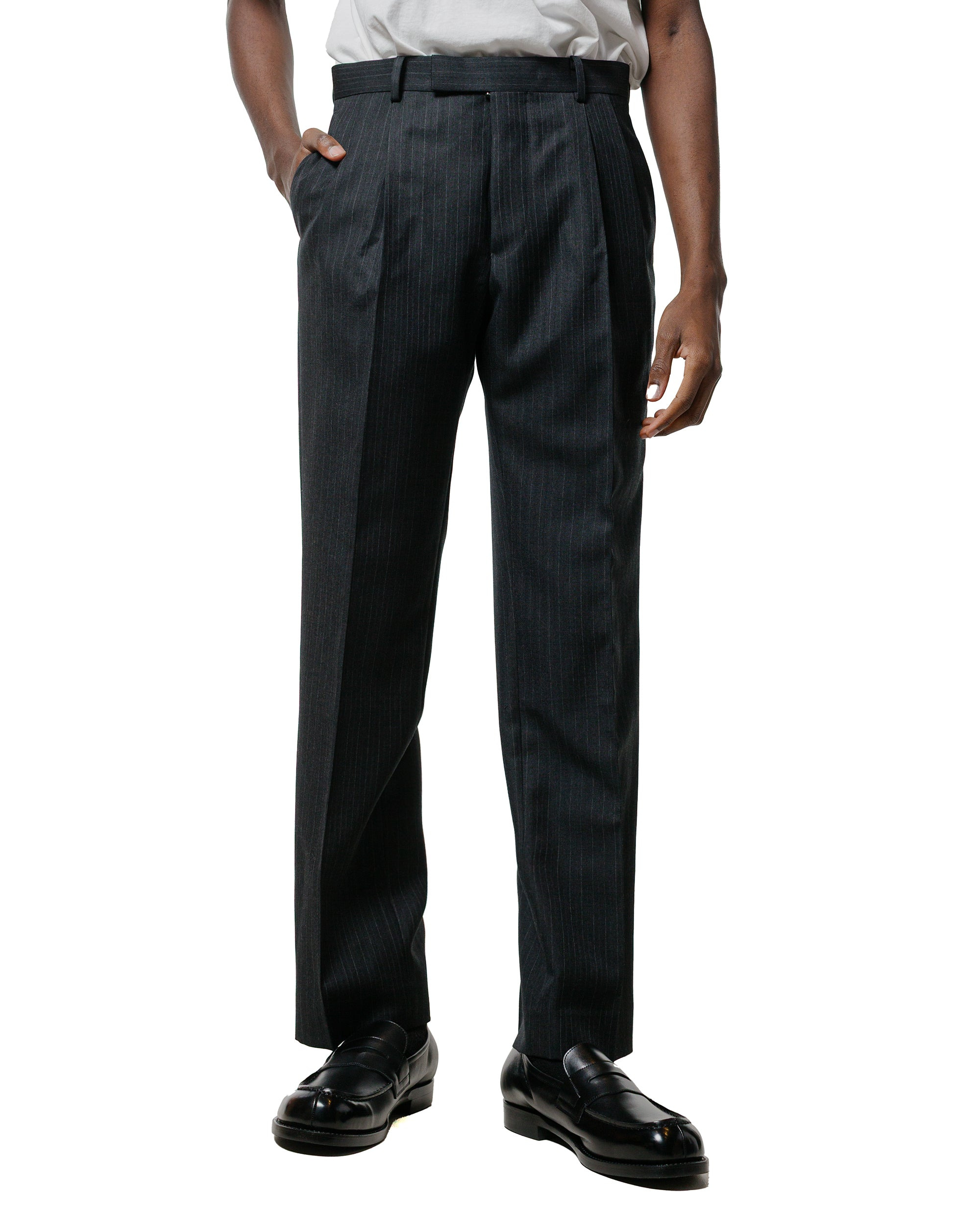 Light Wool Two-Tuck Slacks Charcoal Navy Stripe - 2