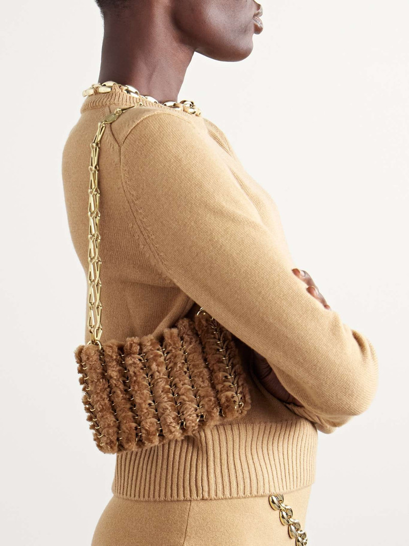 rabanne 1969 Nano embellished leather and shearling shoulder bag Camel outlook
