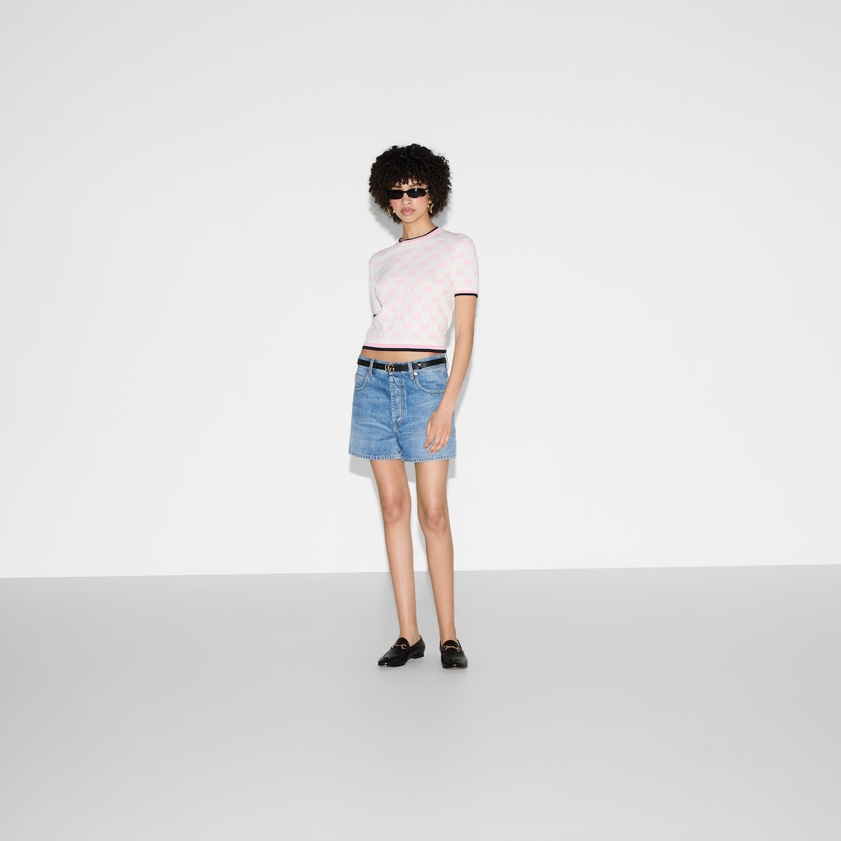Cotton crewneck top with GG intarsia - 2