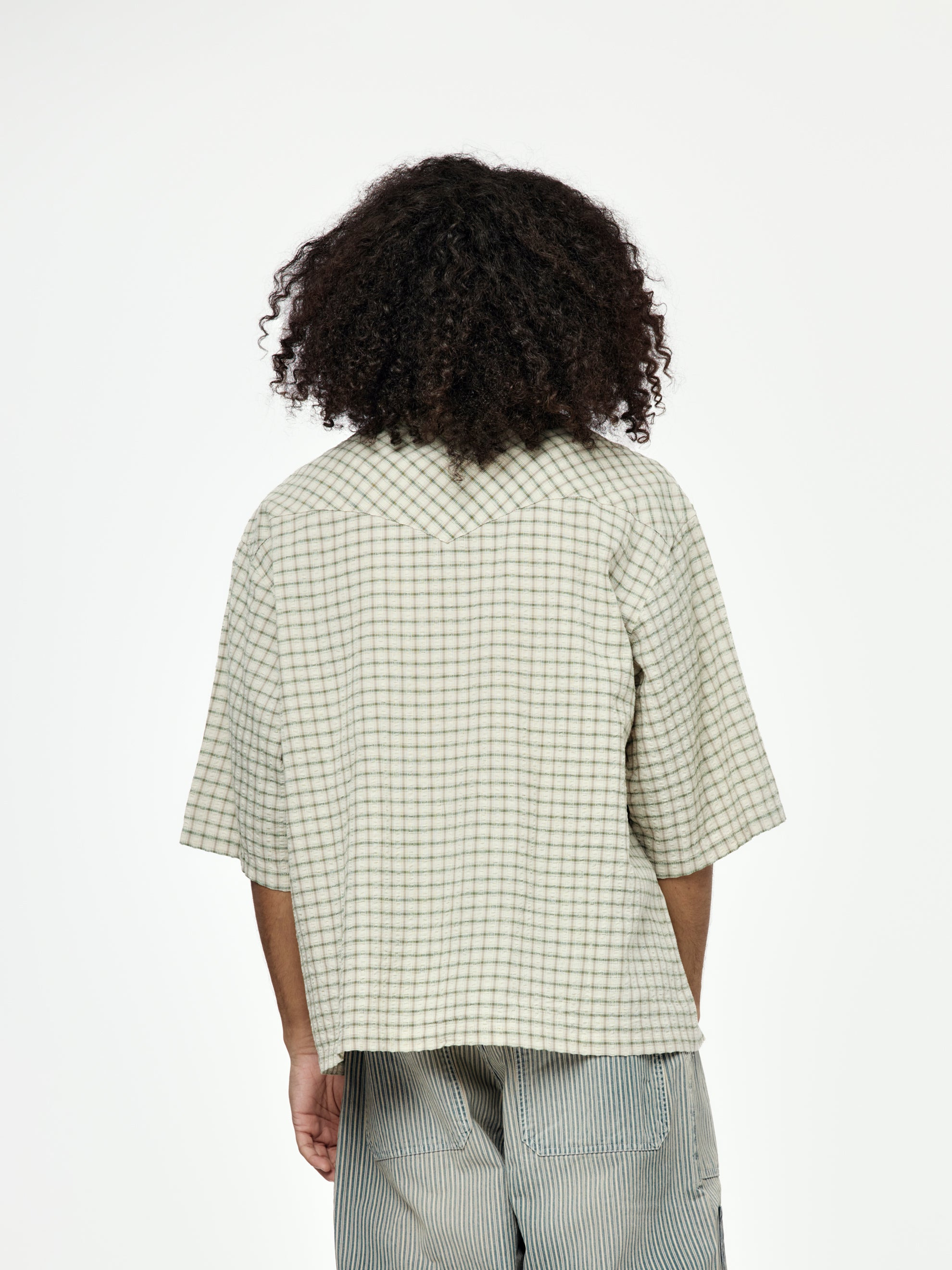 COTTON LINEN SEERSUCKER CHECK OPEN-COLLAR WESTERN BIG SHIRT - 3