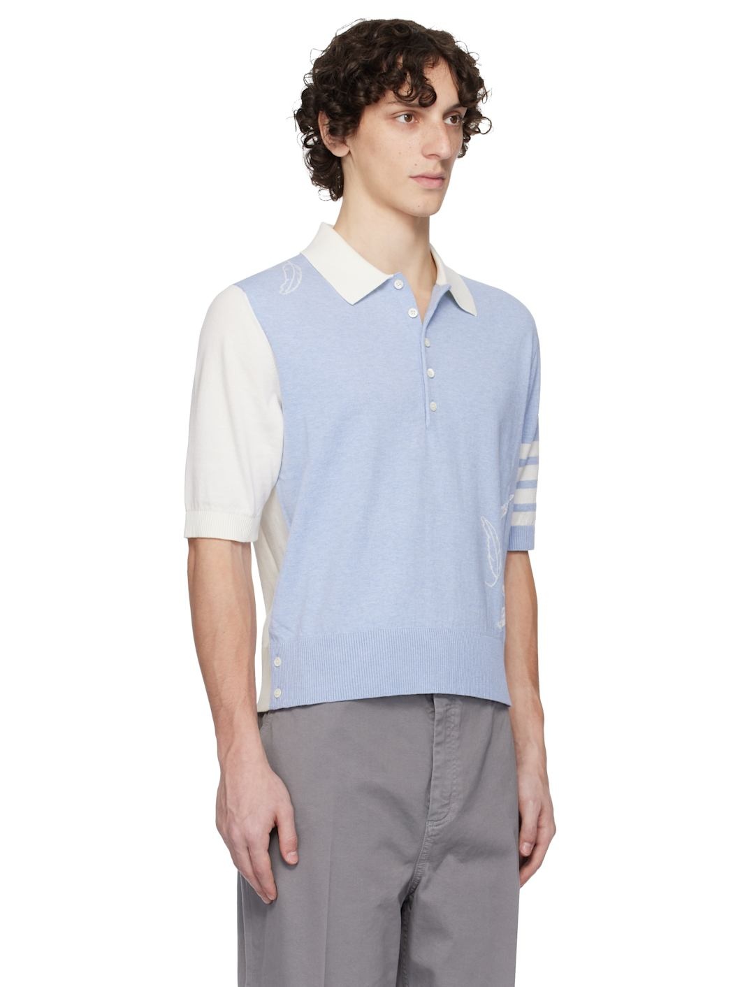 Blue & Off-White Funmix Feather Intarsia 4-Bar Polo - 2