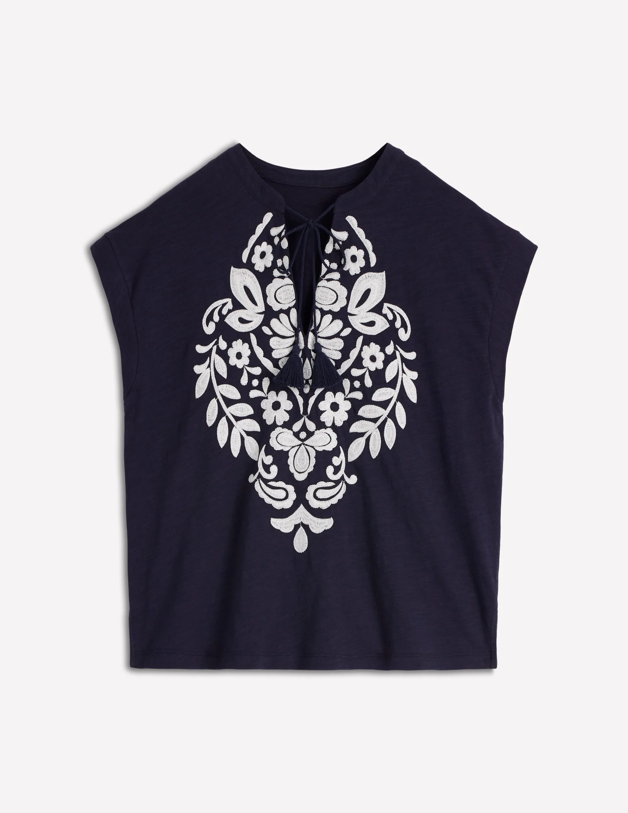 Nina Embroidered Notch T-shirt-Navy Embroidery - 1